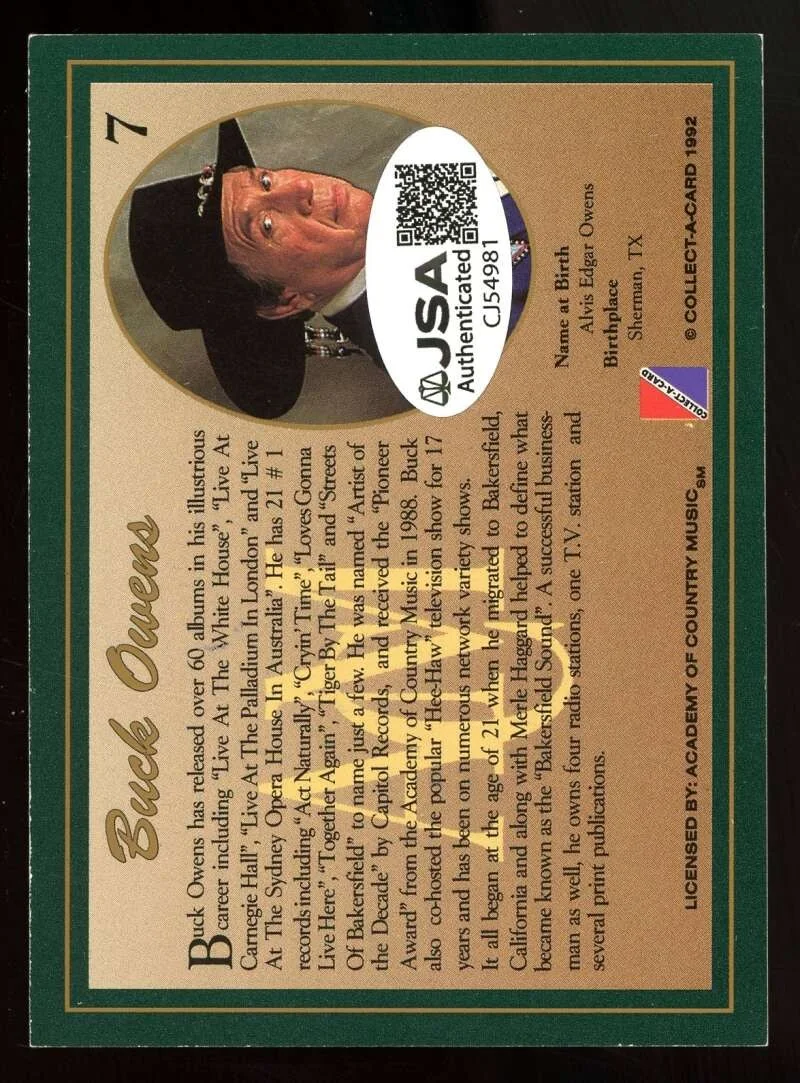 Buck Owens — Buck Owens JSA Coa Signed 1992 ACM Country Classics Autograph, image 2