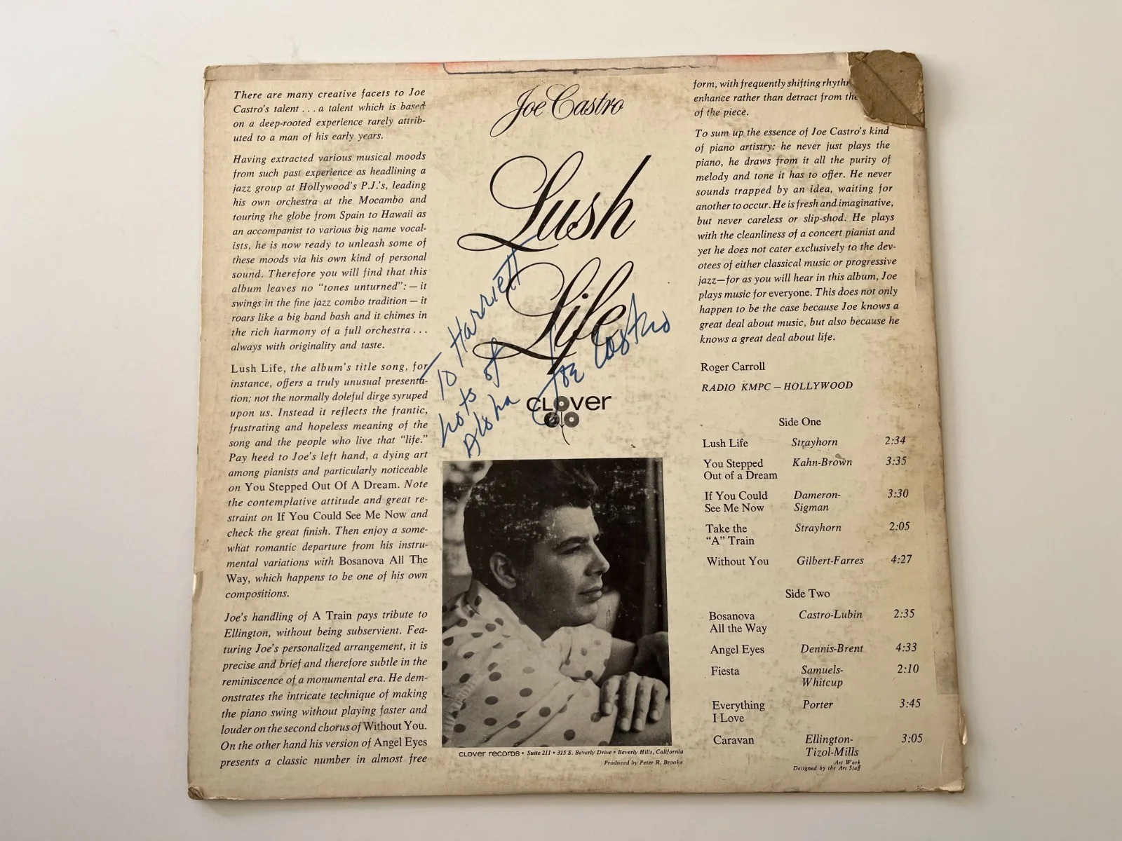 JOE CASTRO ~SIGNED ~ LUSH LIVE, 1960's, Clover Records, LP vintage vinyl, Jazz, image 2