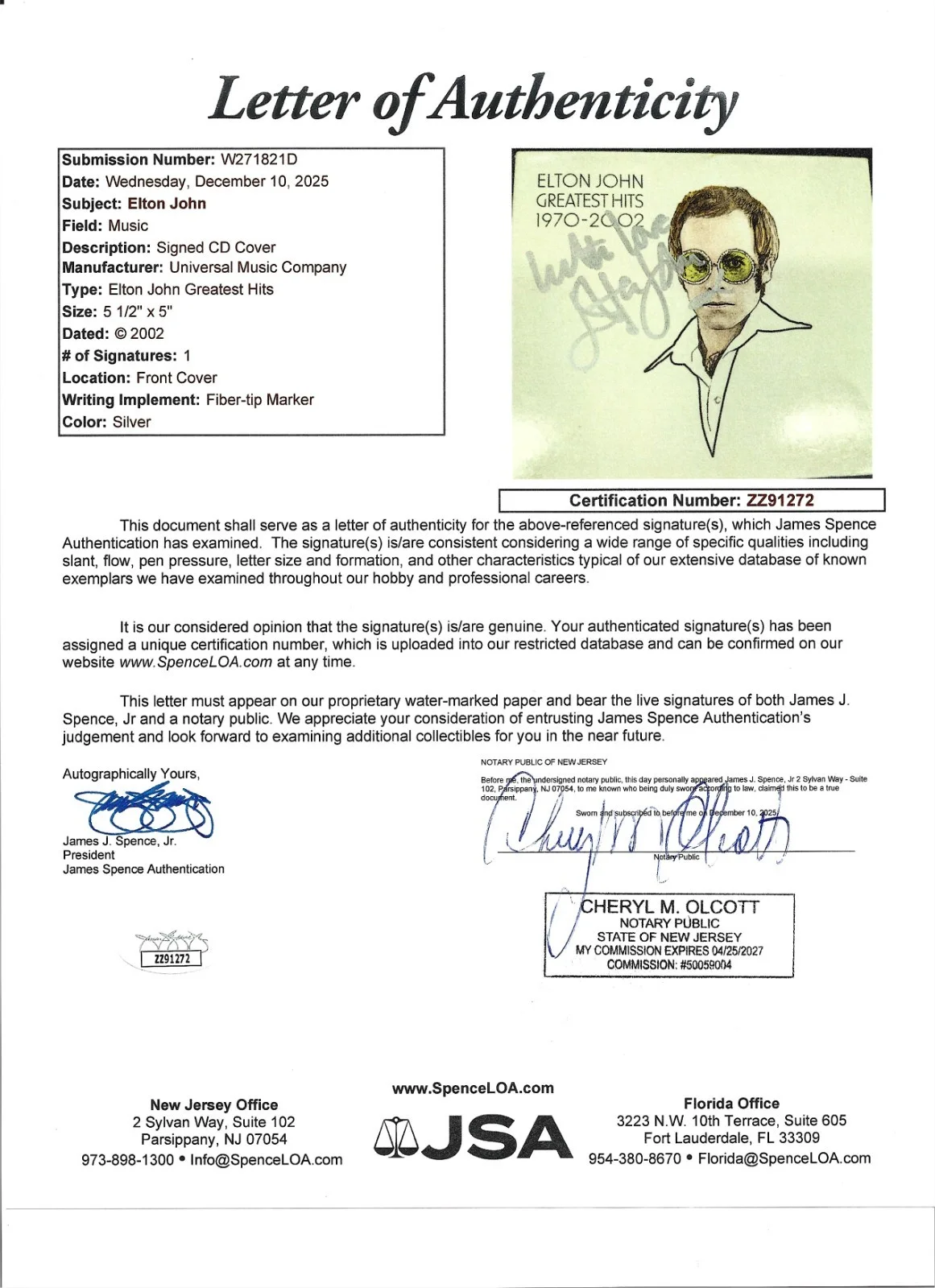 ELTON JOHN SIGNED “GREATEST HITS 1970 -2002” AUTOGRAPH CD JSA LETTER, image 2
