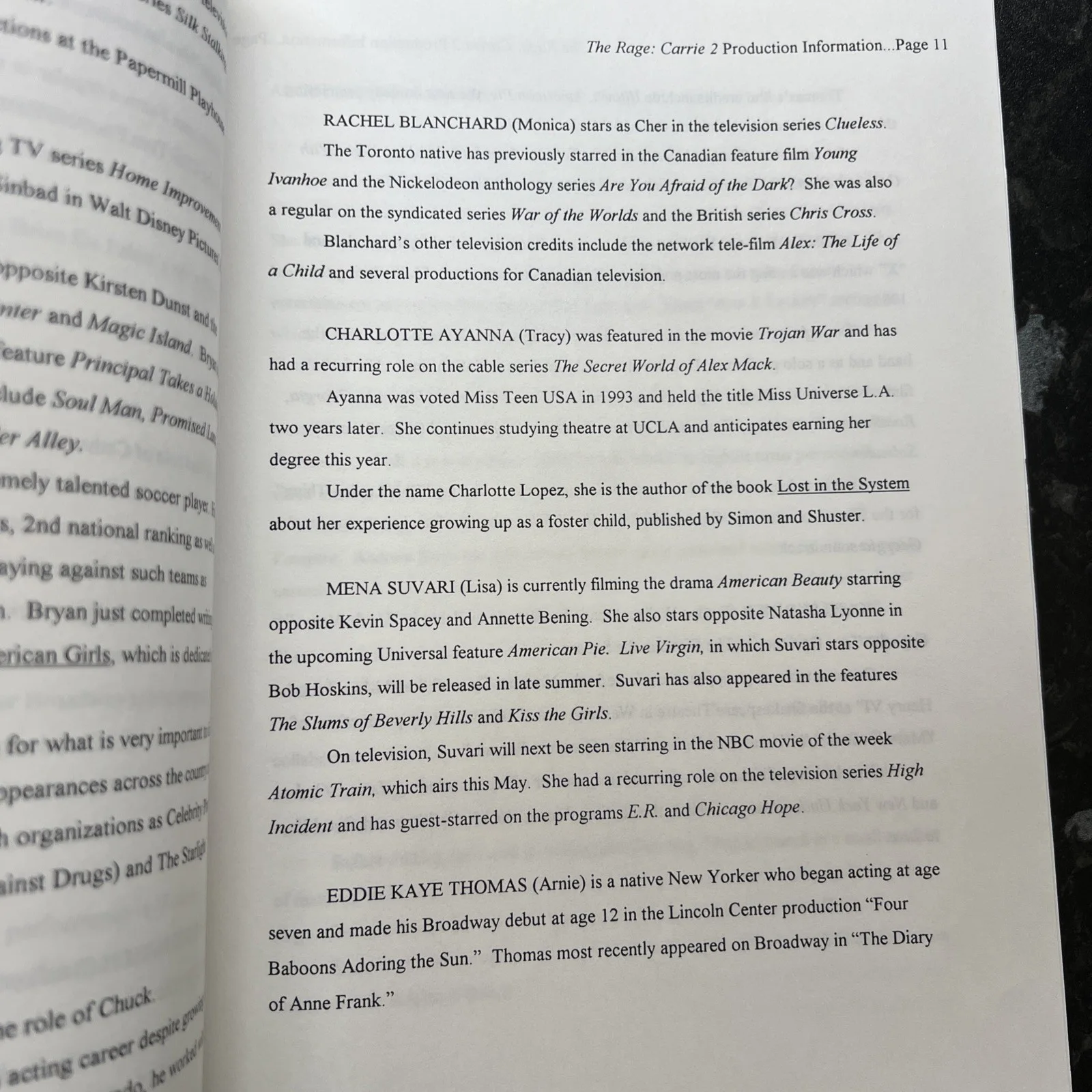 THE RAGE CARRIE2 HORROR ORIGINAL 18 page PRODUCTION NOTES, image 3