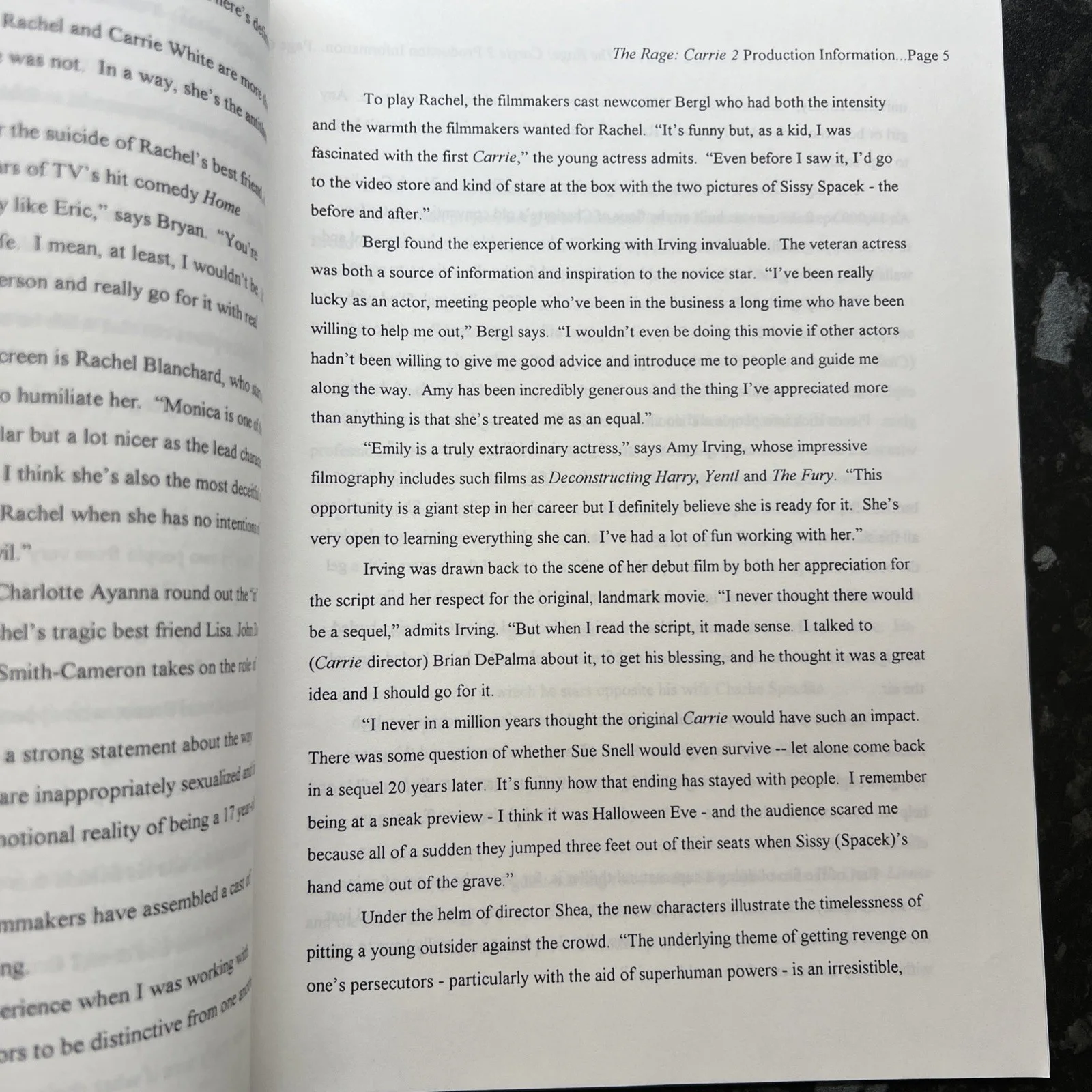THE RAGE CARRIE2 HORROR ORIGINAL 18 page PRODUCTION NOTES, image 4