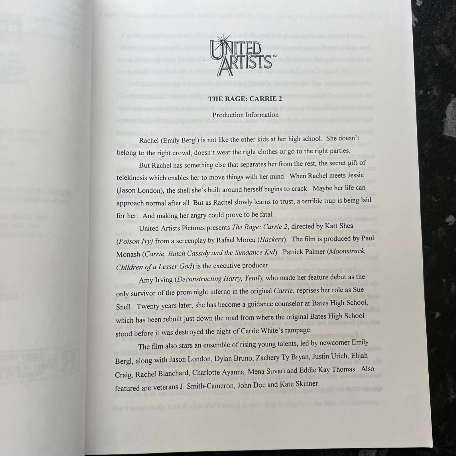THE RAGE CARRIE2 HORROR ORIGINAL 18 page PRODUCTION NOTES, image 5