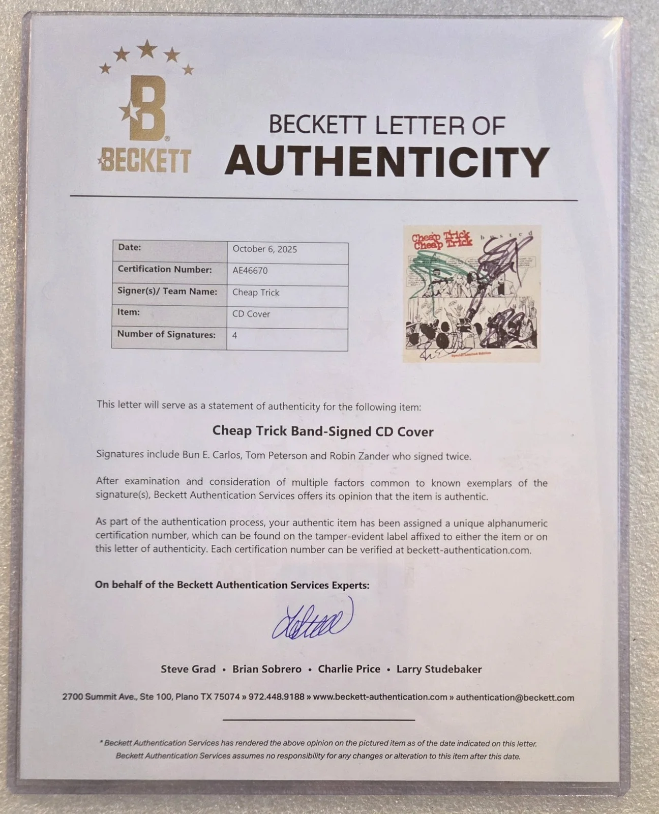 CHEAP TRICK AUTOGRAPHED CD DISPLAY BECKETT BAS LOA COA SIGNED BAND PRESENT GIFT, image 5