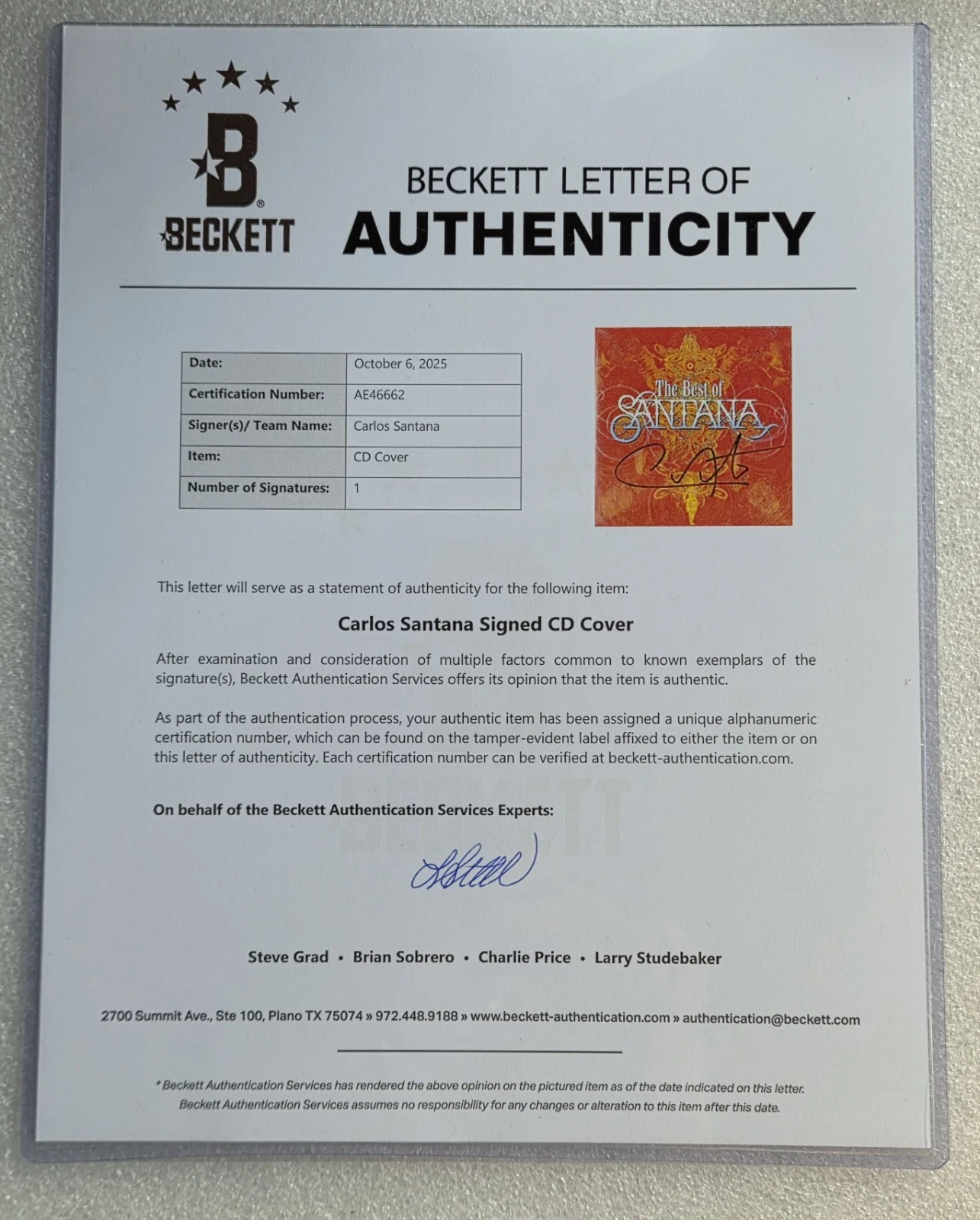 CARLOS SANTANA DISPLAY AUTOGRAPHED BECKETT BAS LOA COA SIGNED BAND PRESENT GIFT, image 4