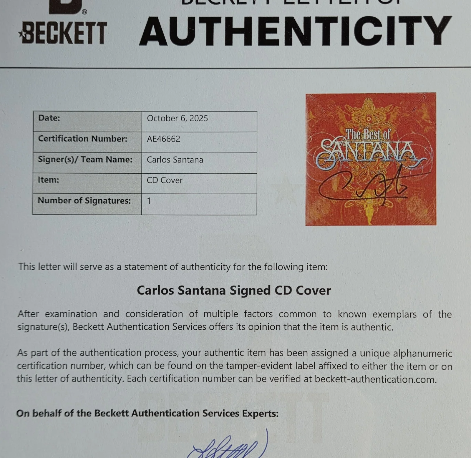 CARLOS SANTANA DISPLAY AUTOGRAPHED BECKETT BAS LOA COA SIGNED BAND PRESENT GIFT, image 5