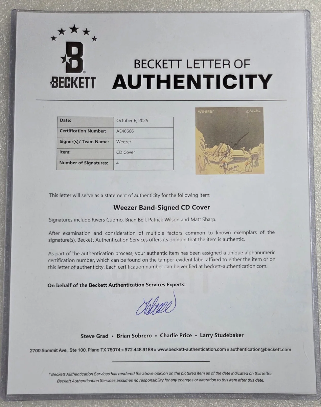 WEEZER AUTOGRAPHED CD DISPLAY BECKETT BAS LOA SIGNED RIVER CUOMO PRESENT GIFT, image 5