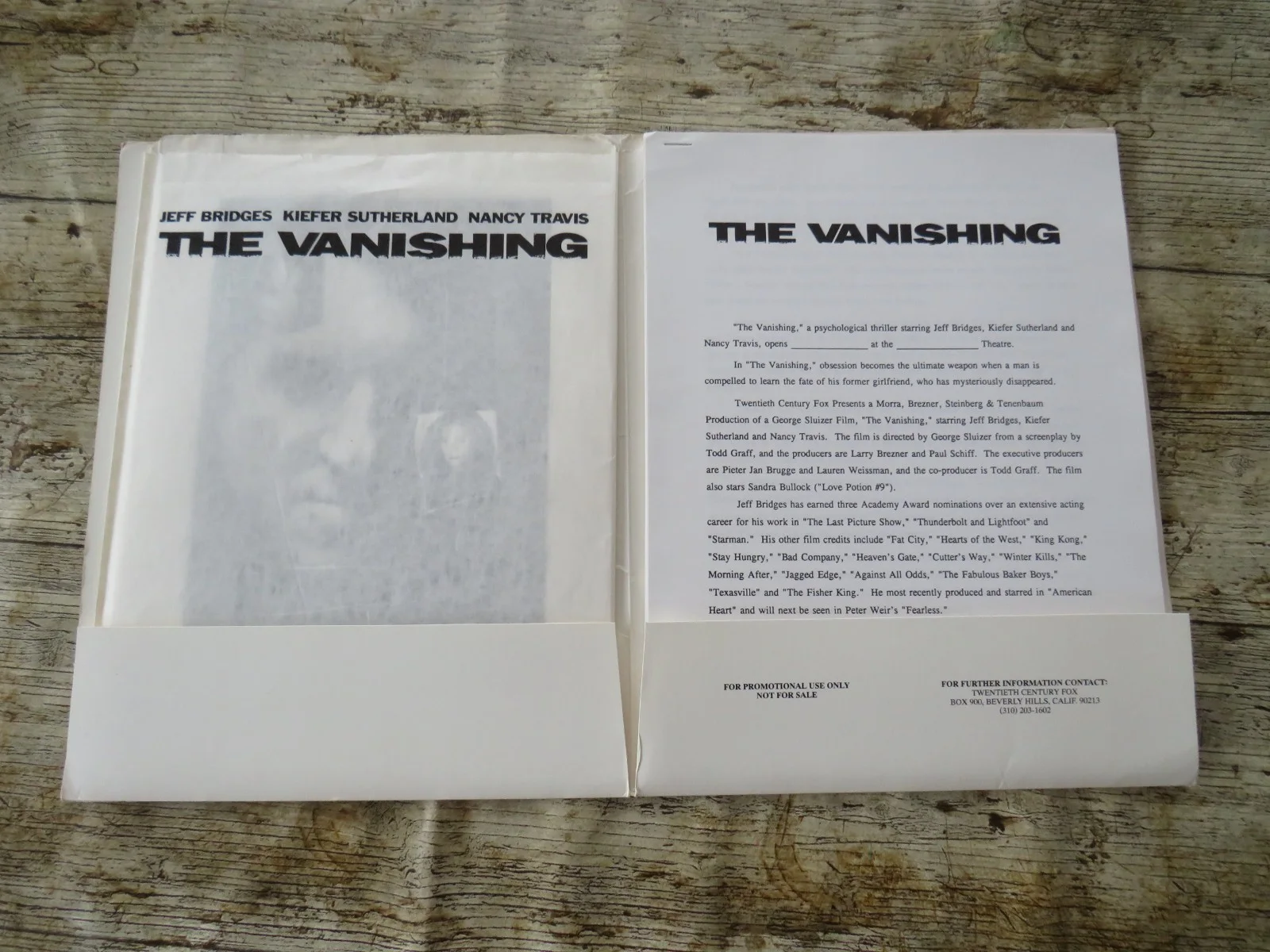 THE VANISHING ORIGINAL 1993 CINEMA FILM MOVIE PRESS KIT Jeff Bridges 9 PHOTOS, изображение 2