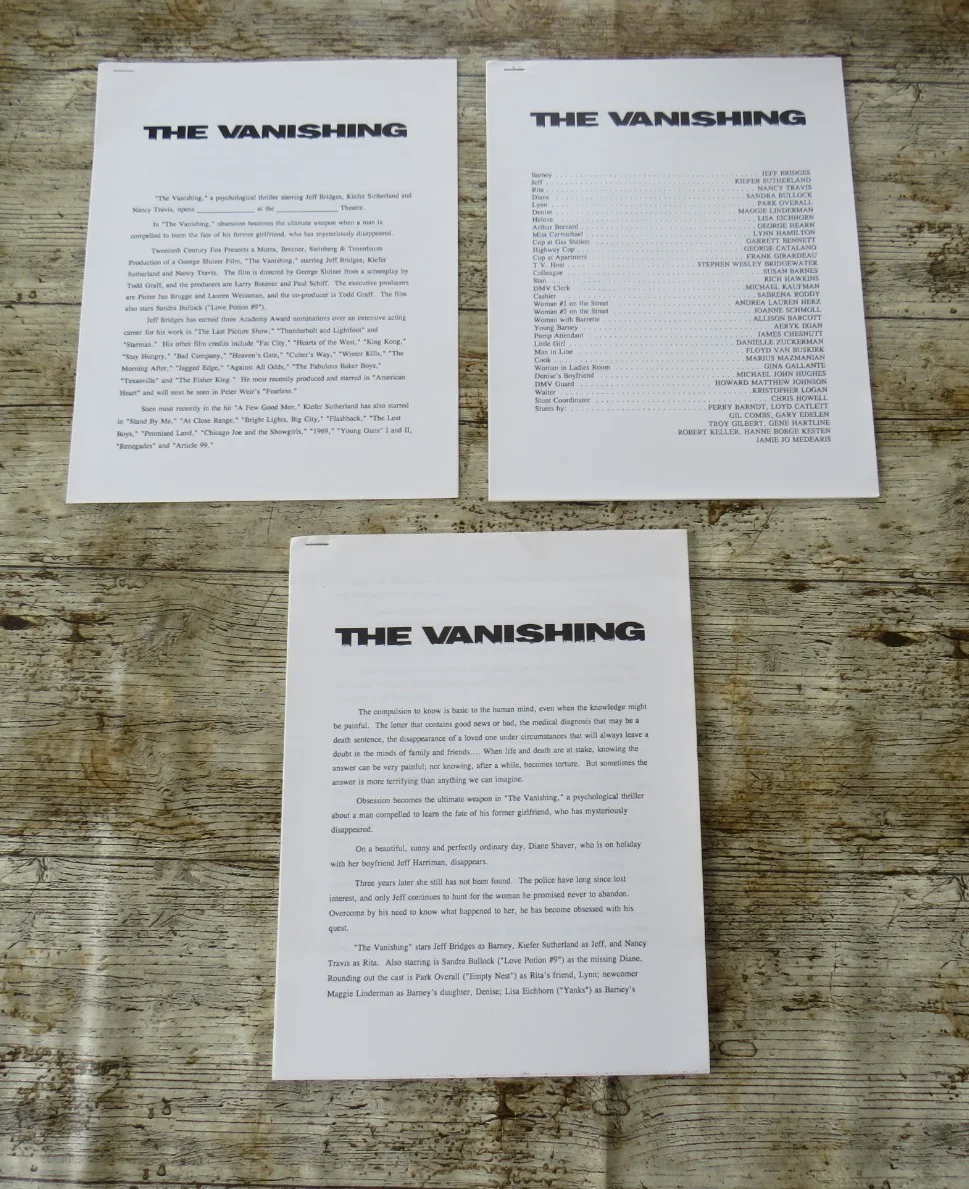THE VANISHING ORIGINAL 1993 CINEMA FILM MOVIE PRESS KIT Jeff Bridges 9 PHOTOS, изображение 3