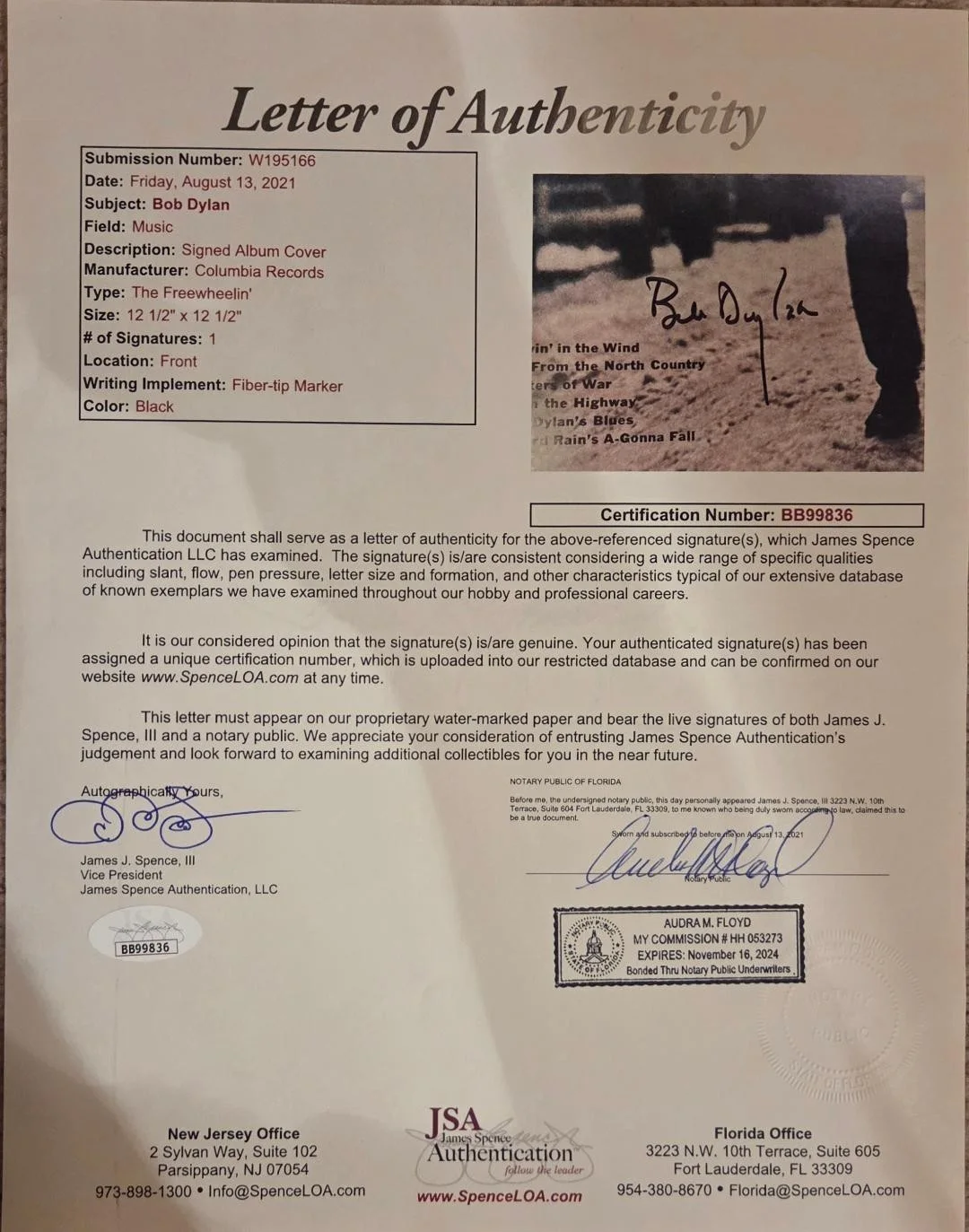 Bob Dylan Signed Autographed The Freewheelin Record Album JSA, Rosen, Real LOAS, изображение 4