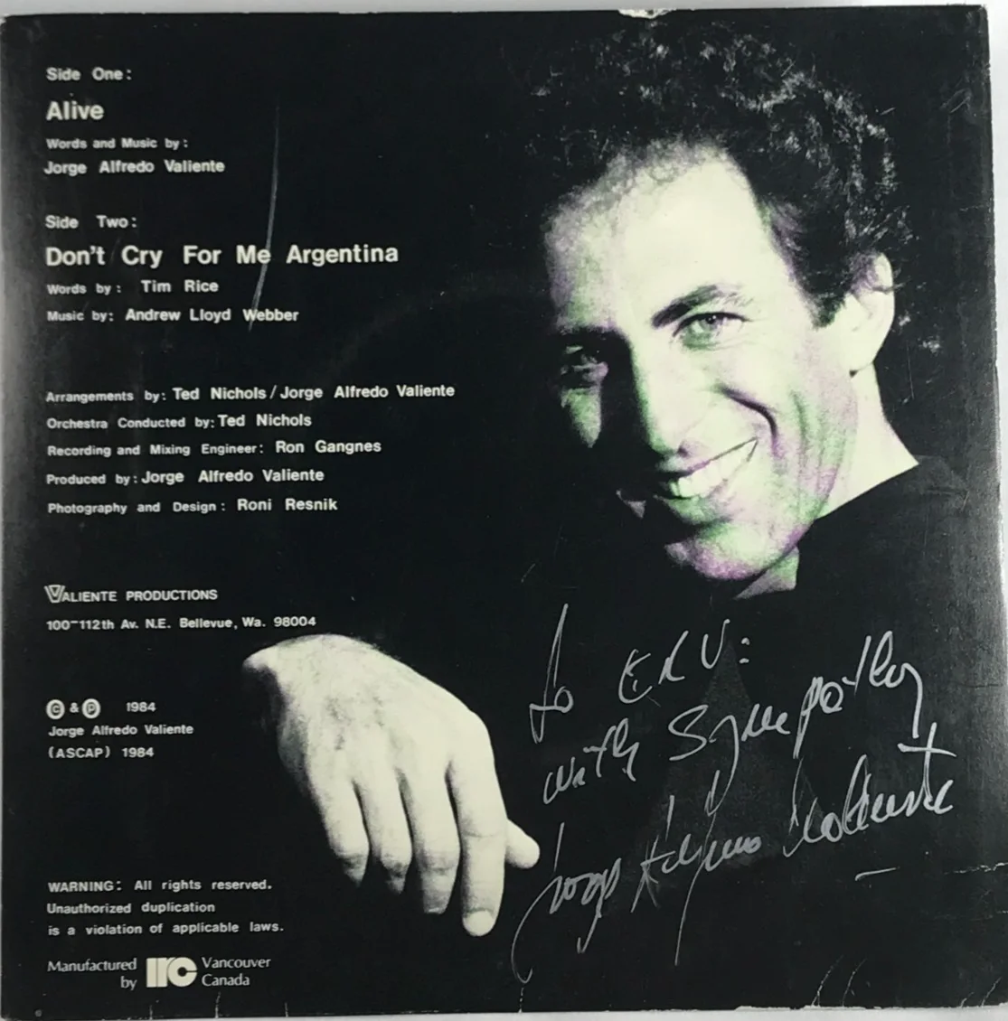JORGE ALFREDO VALIENTE - SIGNED 45 RPM - 7 INCH - 1984, image 2