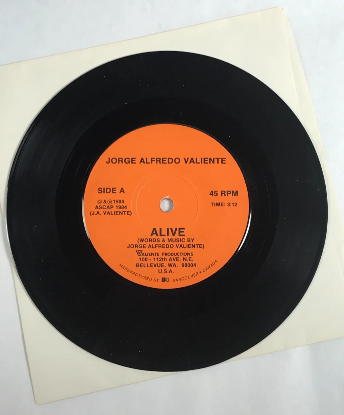 JORGE ALFREDO VALIENTE - SIGNED 45 RPM - 7 INCH - 1984, image 4