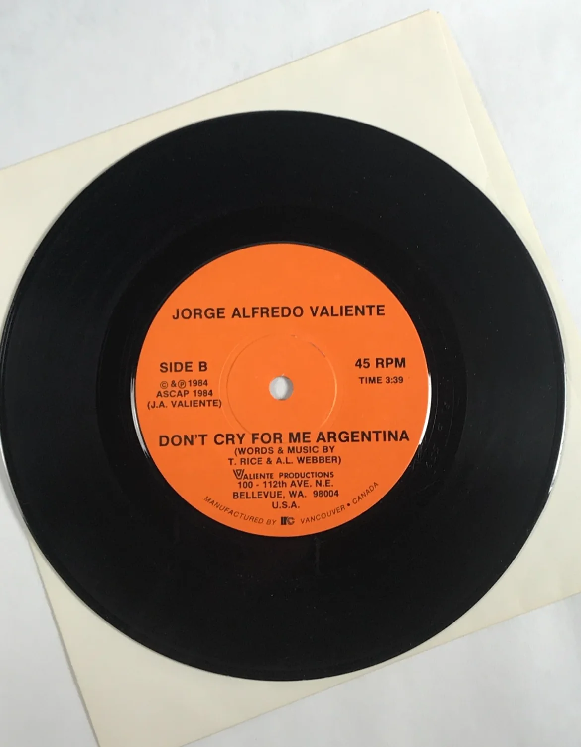 JORGE ALFREDO VALIENTE - SIGNED 45 RPM - 7 INCH - 1984, image 5