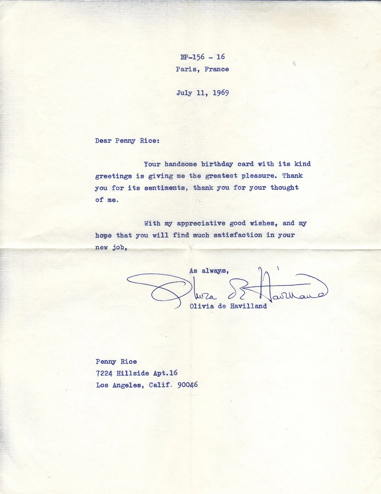 Olivia de Havilland — Letter from Olivia de Havilland to Jerry Lewis' secretary, Penny Rice 07-11-1969