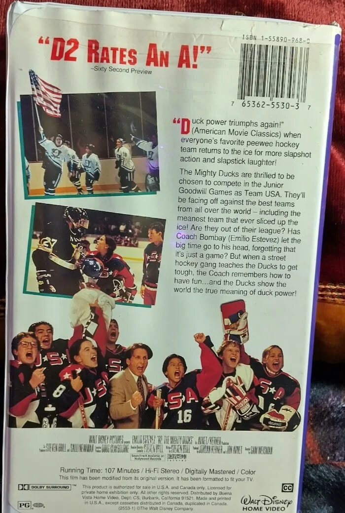 VHS TAPE THE MIGHTY DUCKS D2 VTG 1994 Emilio Estevez Disney MOVIE, изображение 2