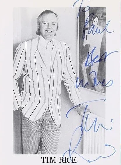 TIM RICE — TIM RICE - SIGNED INSCRIBED 4 X 6 -BRITISH LYRICIST WORKED W/ LIOYD WEBBER, image 2
