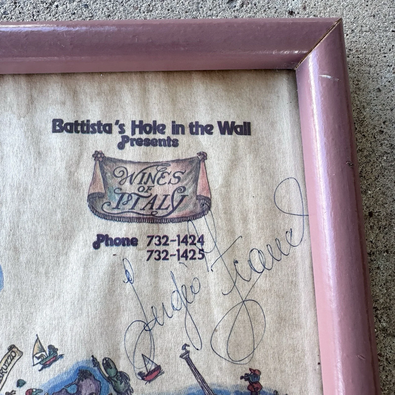 Sergio Franchi Signed Vintage Menu Battista’s Hole In The Wall Las Vegas Framed, image 2