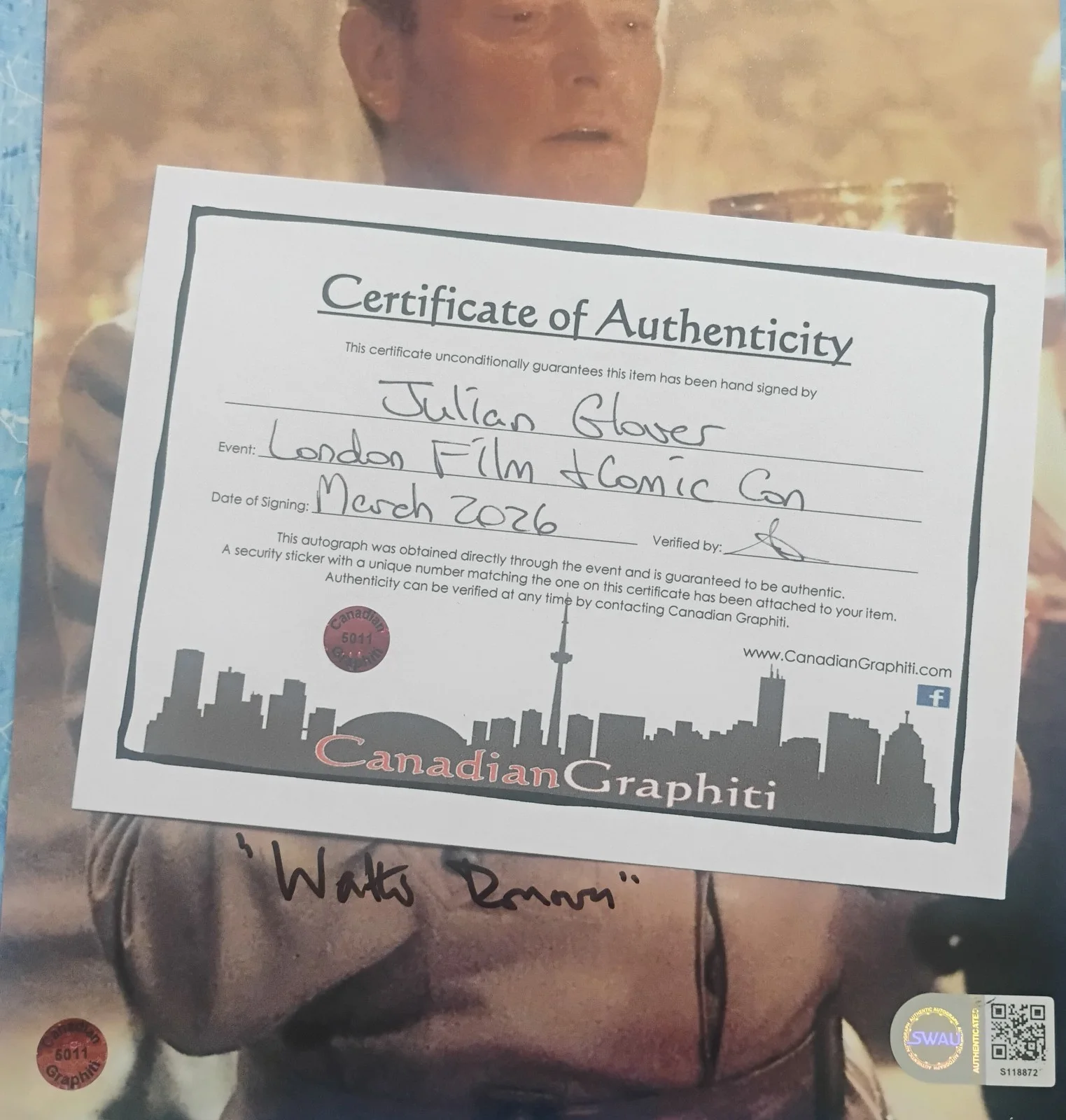 Julian Glover Hand Signed 8x10 Photo SWAU COA Indiana Jones NO TARIFFS, изображение 5