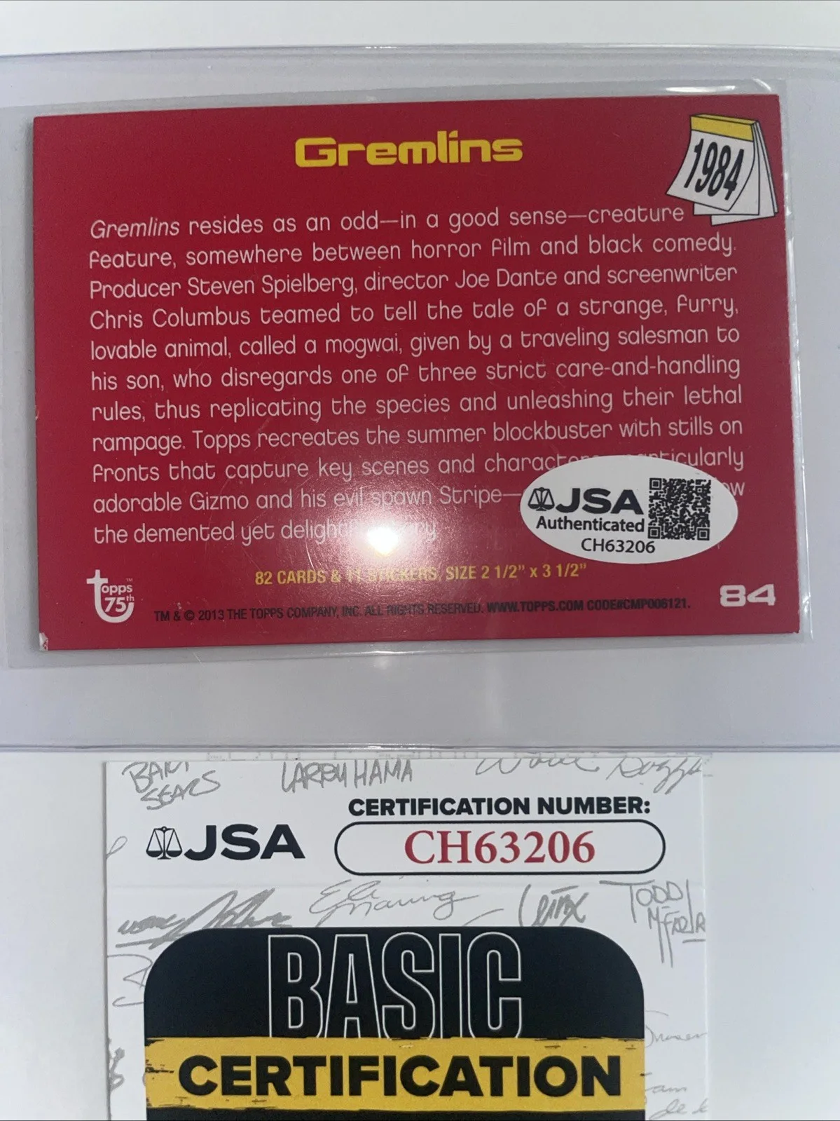 joe dante — Director Joe Dante Signed Gremlins Card #84 2013 Topps JSA COA Fair Condition, изображение 2