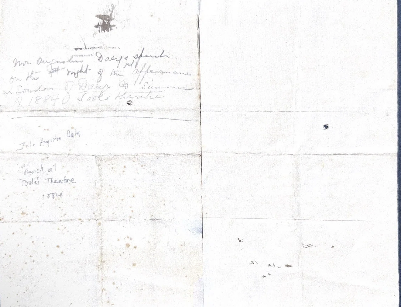 JOHN AUGUSTIN DALY HANDWRITTEN 1884 WORKING DRAFT SPEECH -TOOLE'S THEATRE, image 2