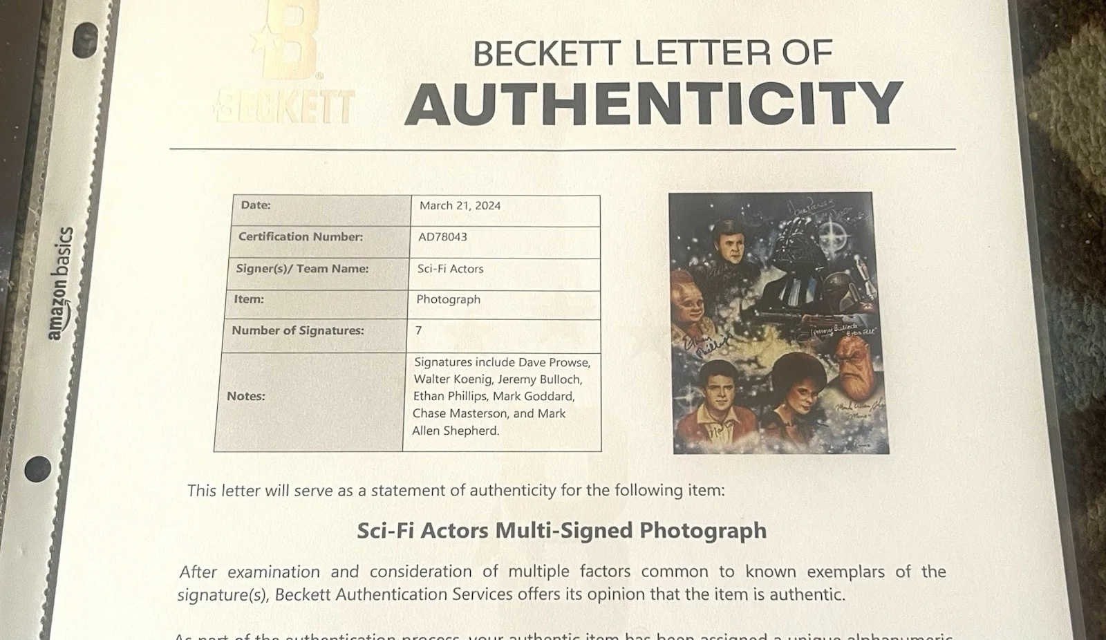 BAS COA LOA STAR WARS 7X SIGNED PROWSE KOENIG ETC 11x14 PHOTO BECKETT, изображение 3