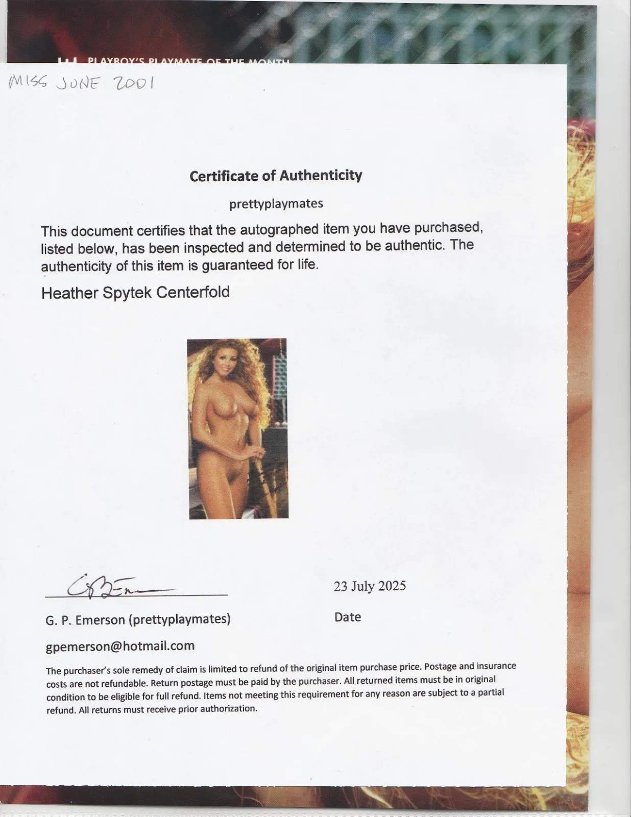 Heather Spytek — Signed Loose Playboy Centerfold - Miss June 2001 Heather Spytek W/COA, изображение 3