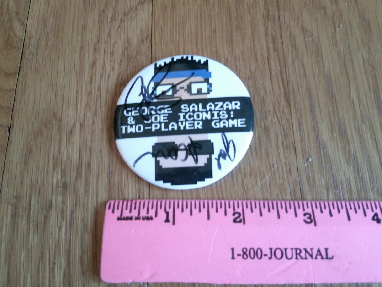 George Salazar, Joe Iconis — Signed George Salazar Joe Iconis Two Player Game Button Pin Autograph, image 2