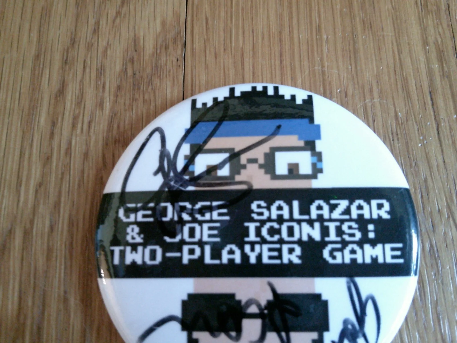 George Salazar, Joe Iconis — Signed George Salazar Joe Iconis Two Player Game Button Pin Autograph, image 3