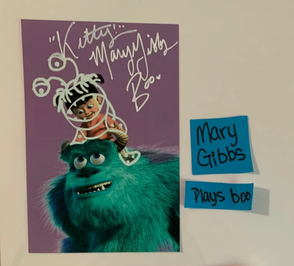 Mary Gibbs — Mary Gibbs BOO Signed Autographed 6x4 in. Monsters Inc, Photo Inscribed "Kitty!”