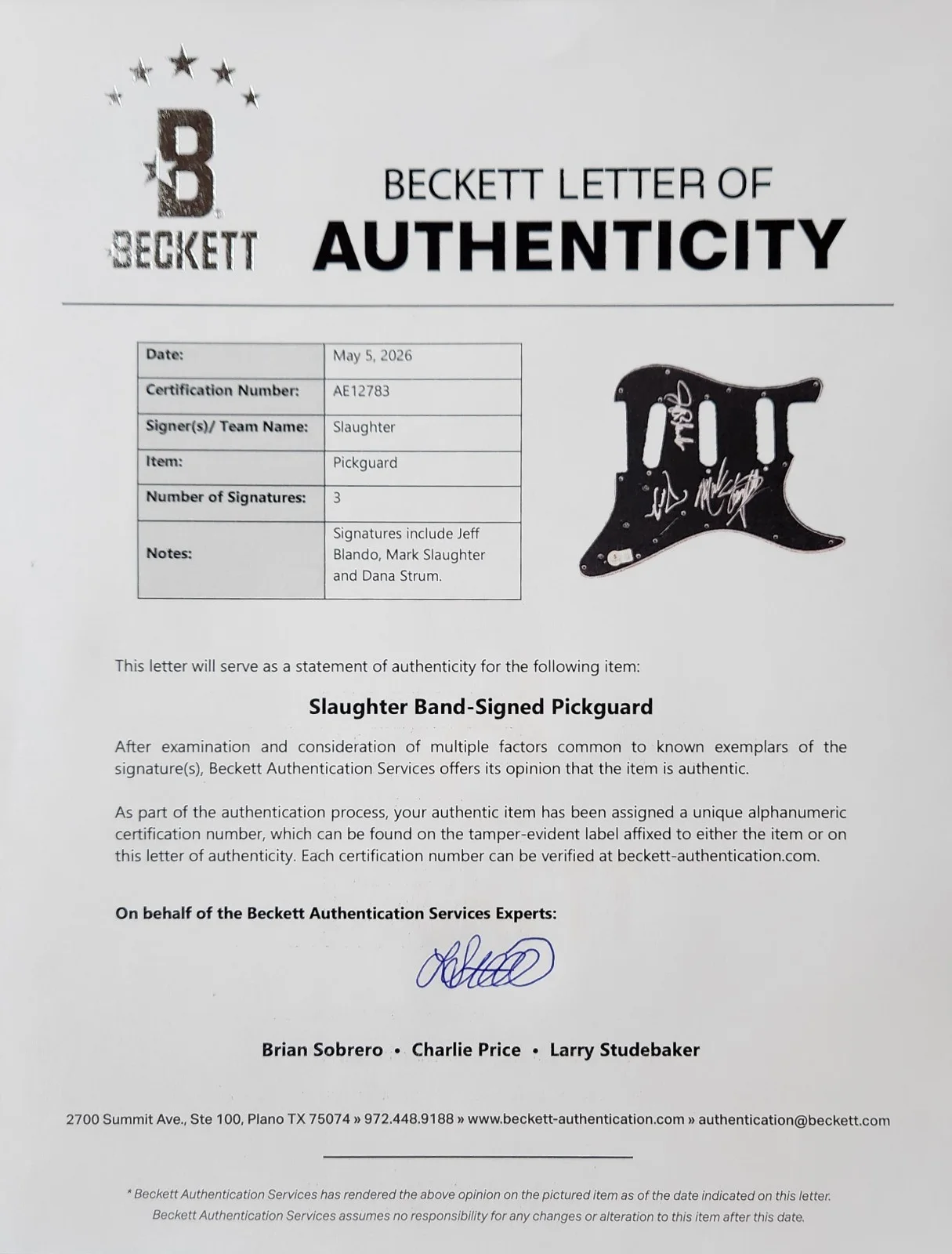 Mark Slaughter +2 Signed Autograph Fender Strat Guitar Pick Guard Beckett LOA, изображение 2