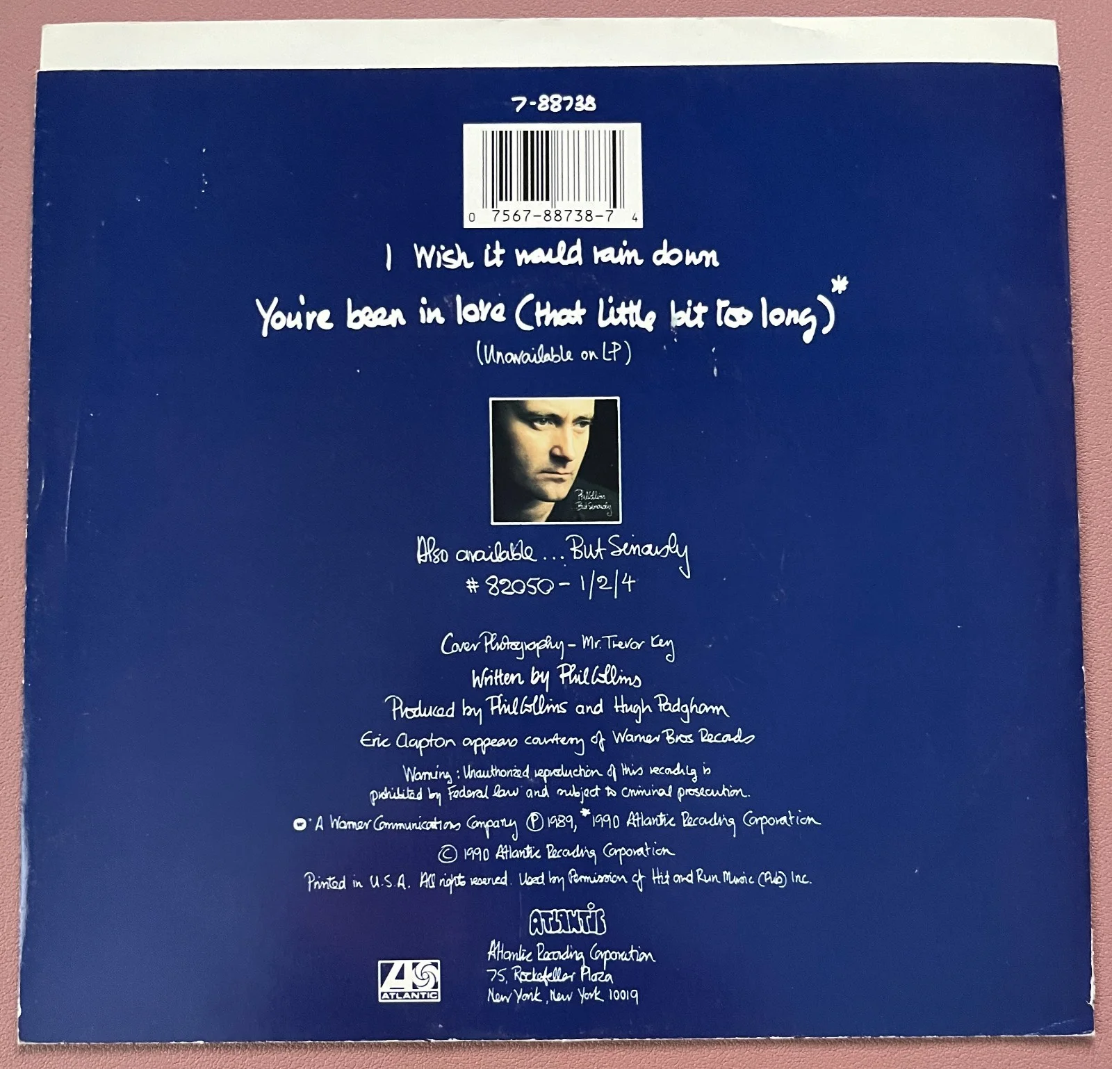 Phil Collins Signed 45 Record (Sleeve Only) *I Wish It Would Rain Down* 1989, image 2