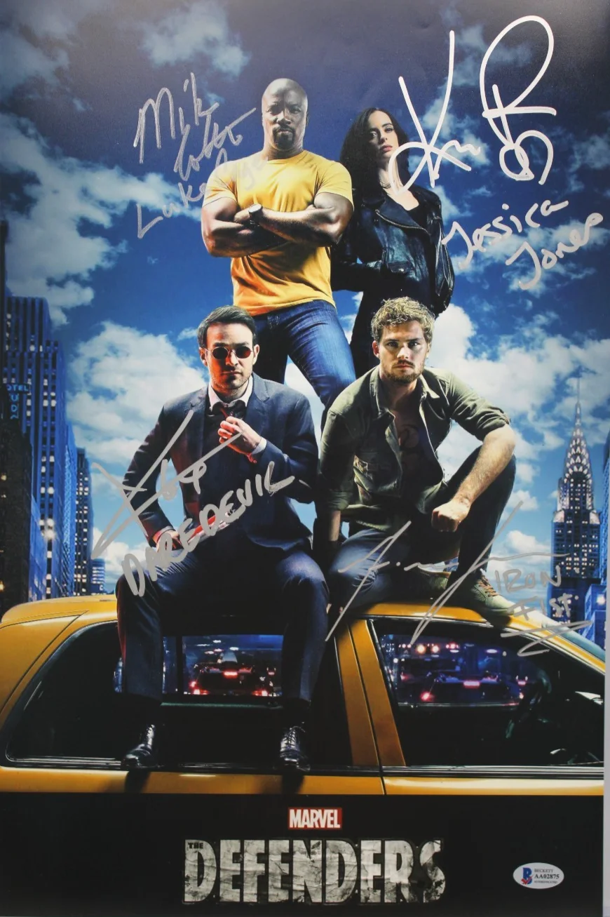 Charlie Cox, Krysten Ritter, Mike Colter, Finn Jones — The Defenders Quad Signed 12x18 Photo Cast Inscriptions Cox Ritter Colter Jones