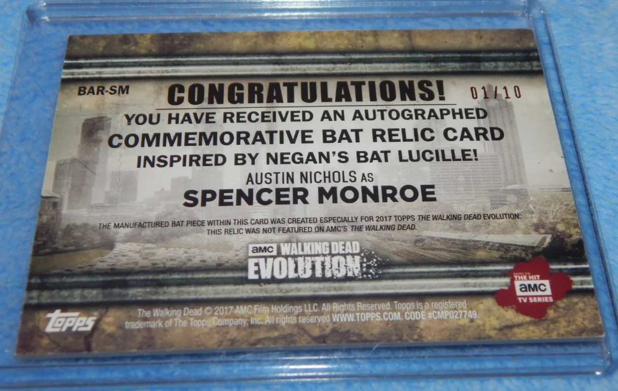 Austin Nichols — 2017 Topps Walking Dead Evolution Autograph Bat Relic Card Nichols Monroe BAR-SM, image 2