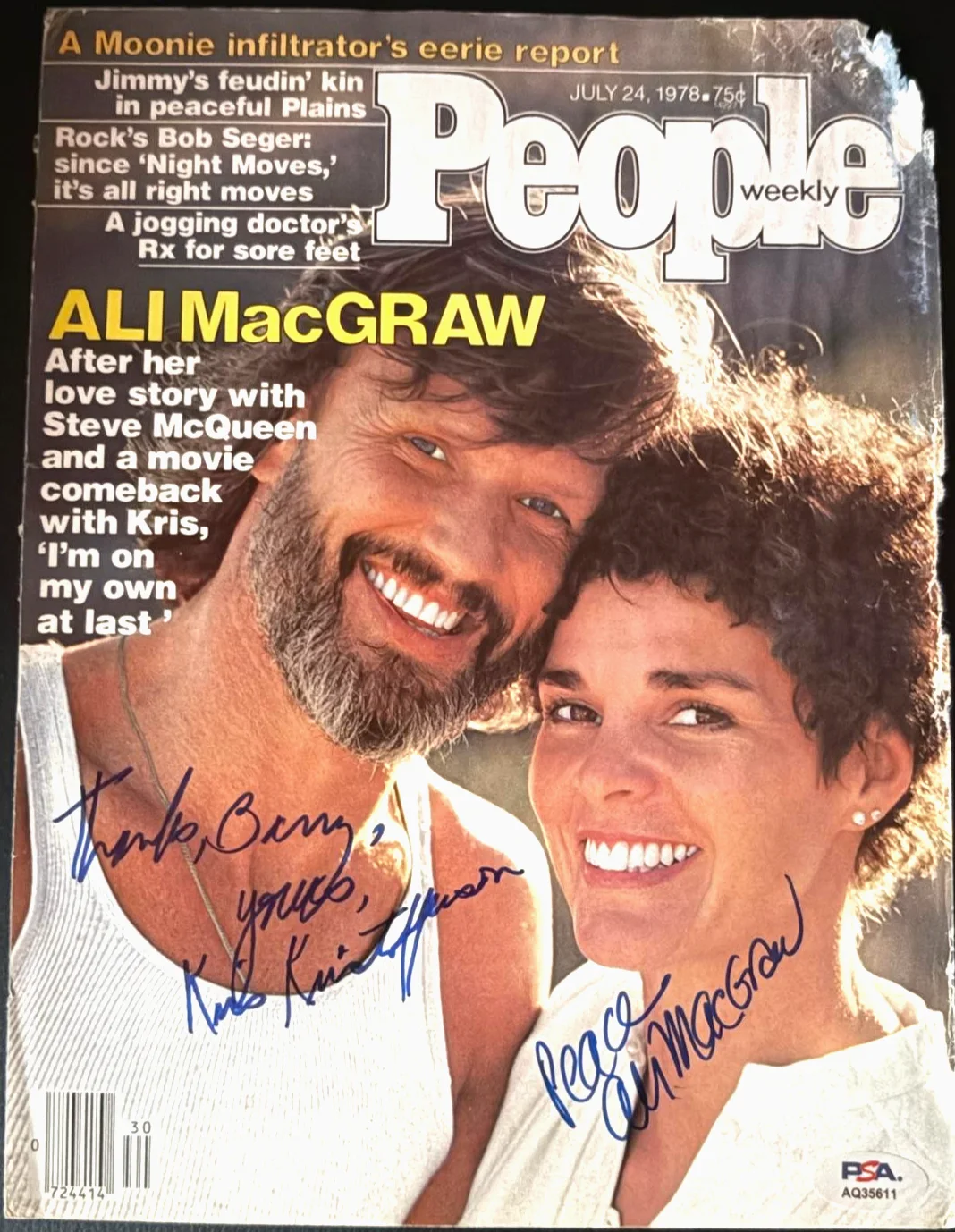 Kris Kristofferson and Ali MacGraw — KRIS KRISTOFFERSON & ALI MACGRAW SIGNED AUTOGRAPHED PEOPLE MAGAZINE COVER PSA