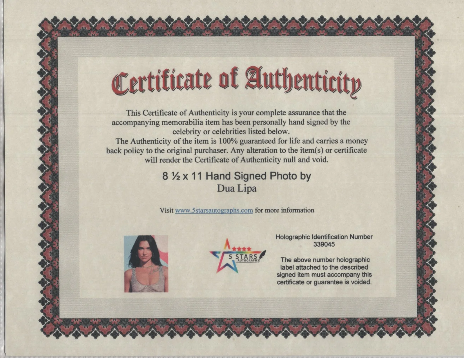 DUA LIPA AUTOGRAPHED 8 1/2 X 11 PHOTO / COA, image 2