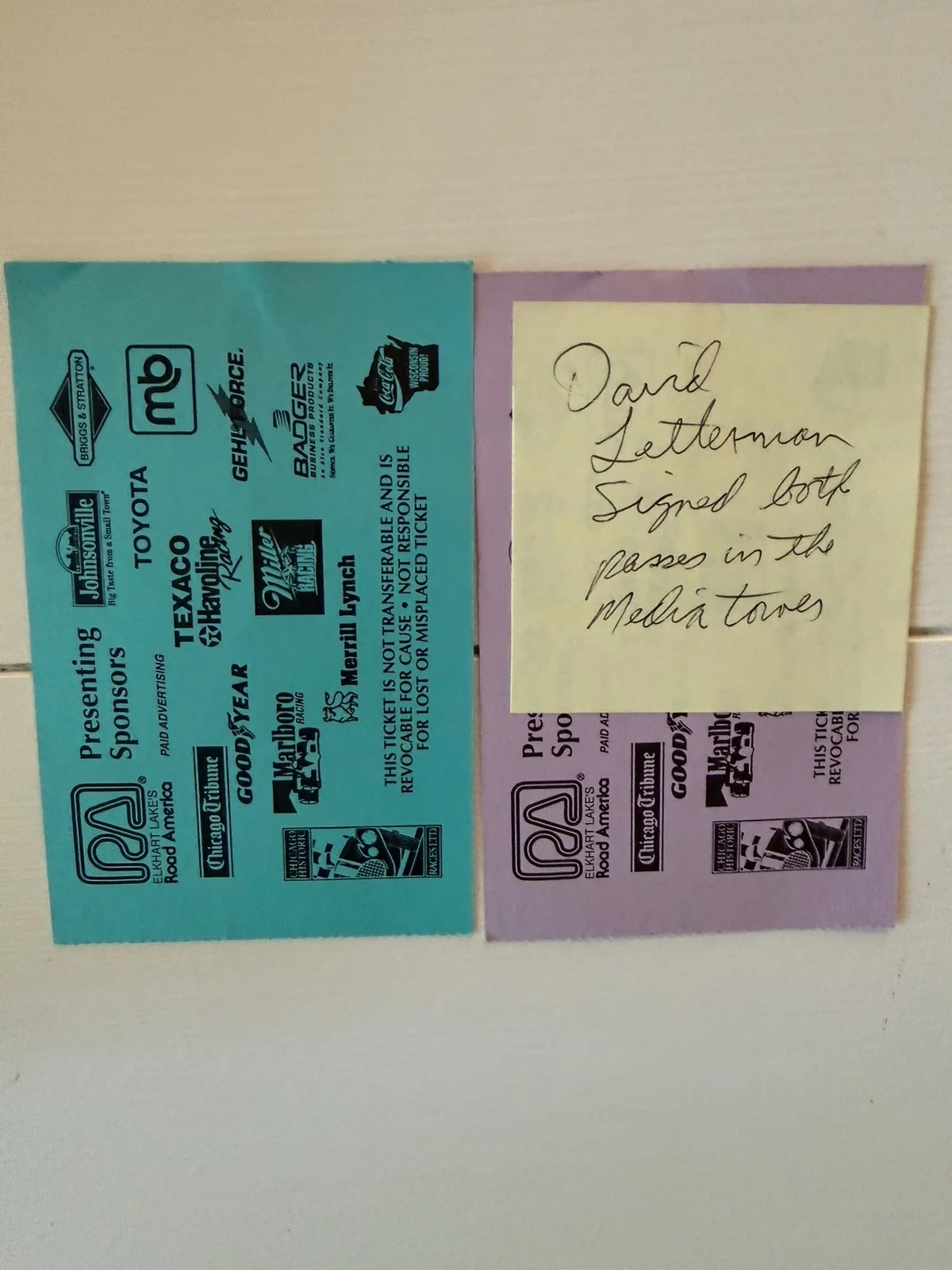 David Letterman Signed VIP Race Tickets Paul Newman, Bobby Rahal,Andretti, 8/96, image 2
