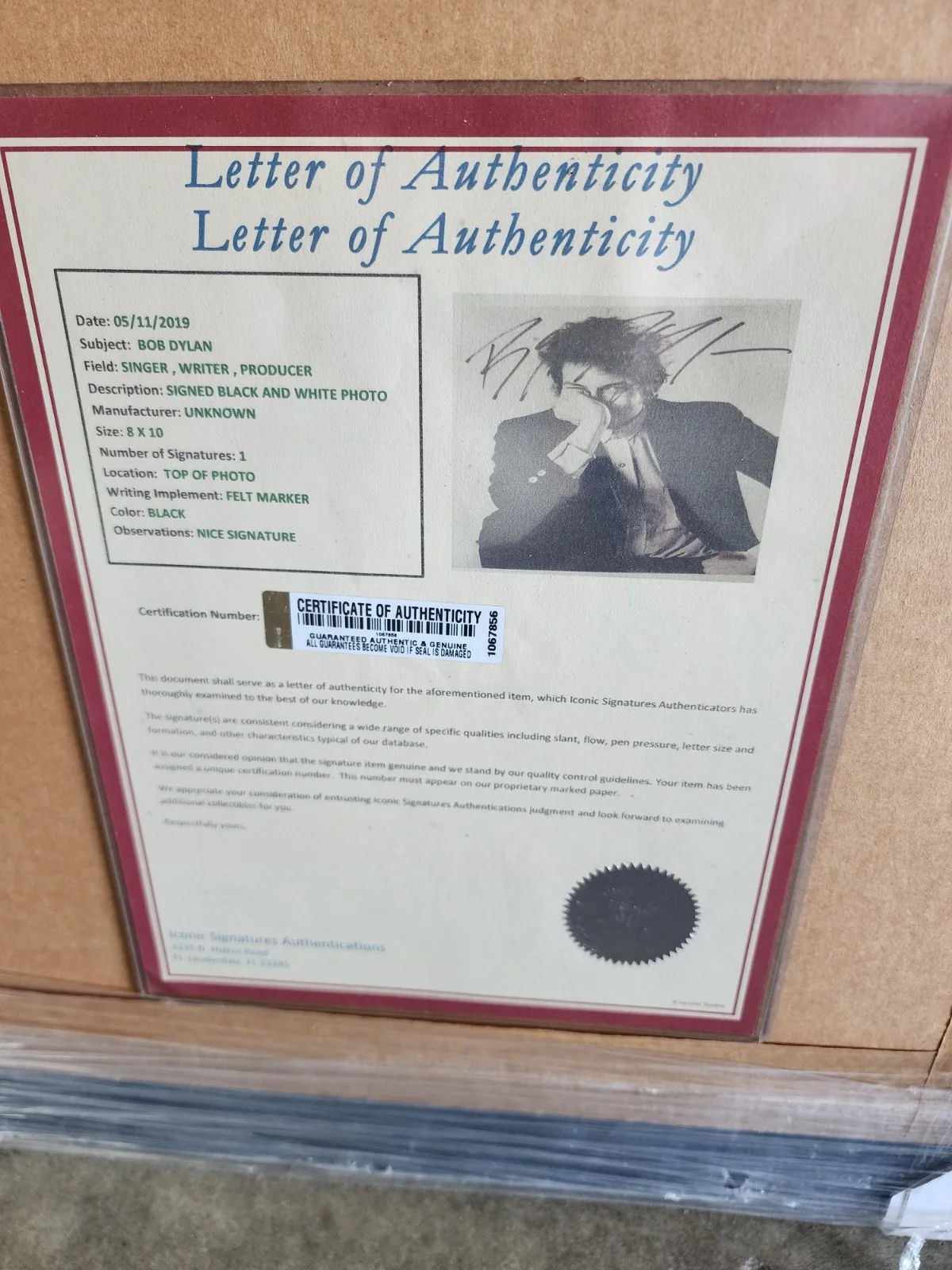 Bob Dylan Signed 8 X 10 Blk And White Photo In Deluxe Frame, image 5