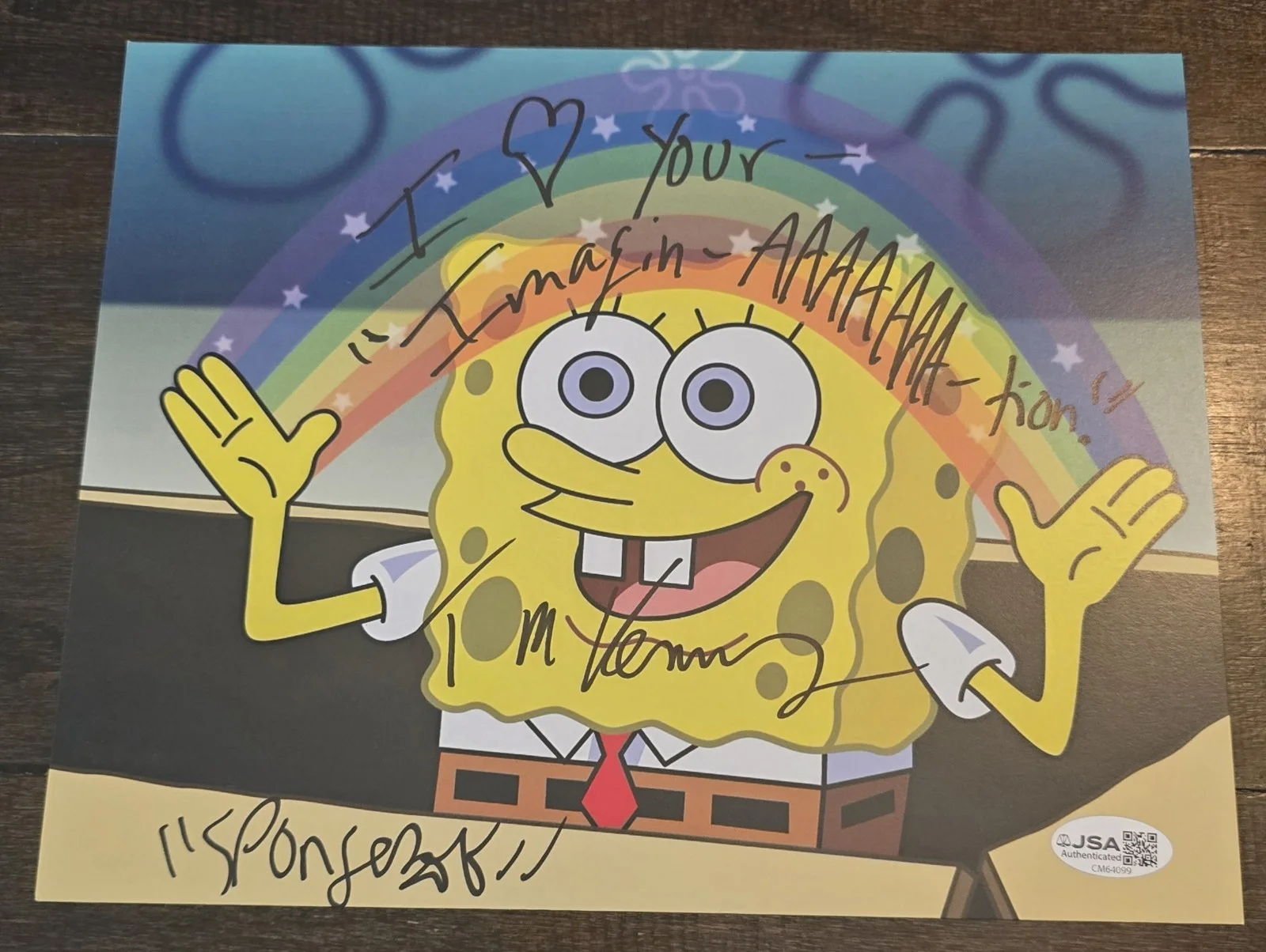Tom Kenny — Tom Kenny signed SpongeBob 8x10 picture with I love your Imagin-AAAAAAA-tion ans