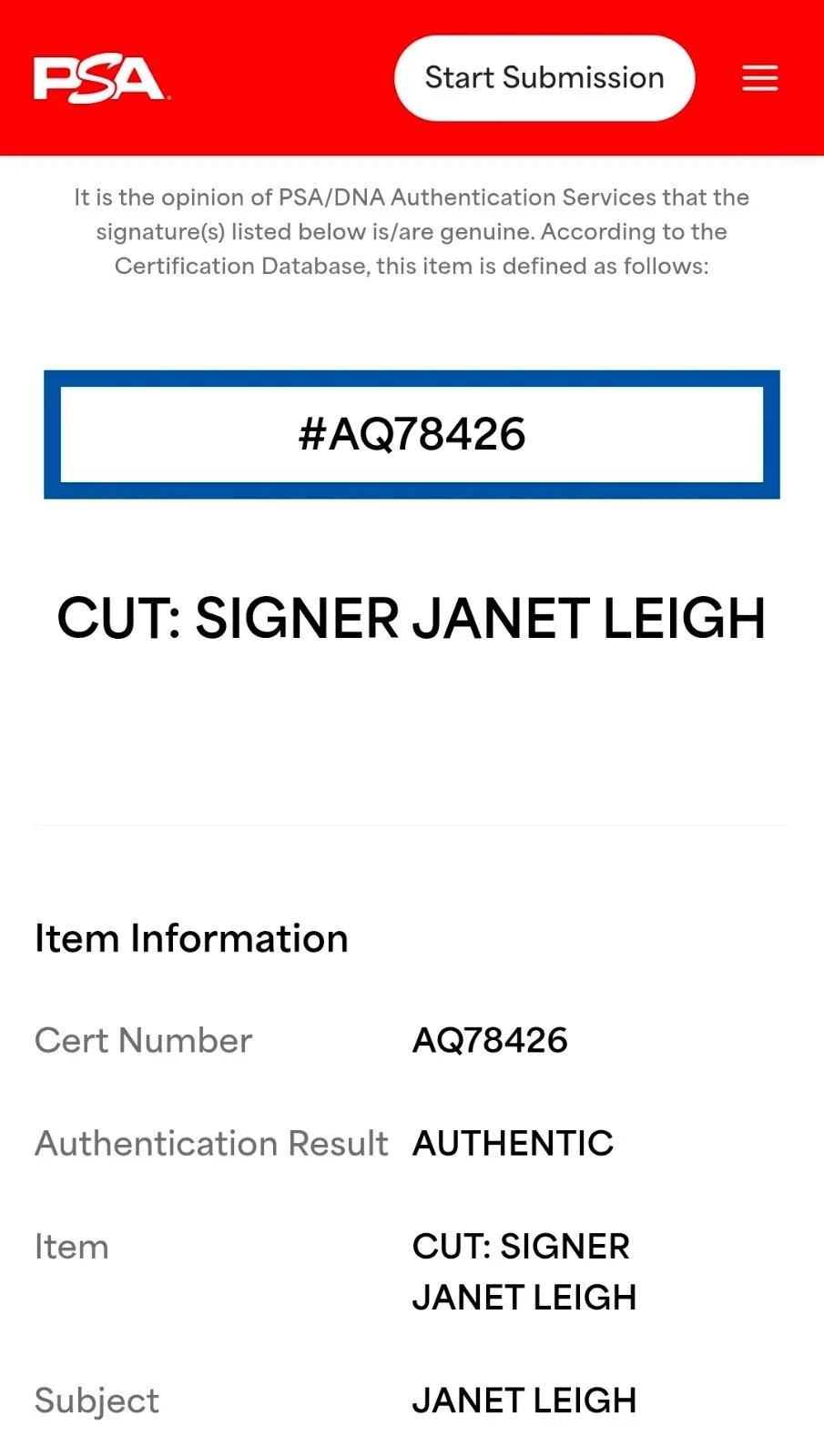 Janet Leigh — Janet Leigh Autograph PSA DNA Authentic Signed 4x6 Index Card Legend Signature, изображение 2
