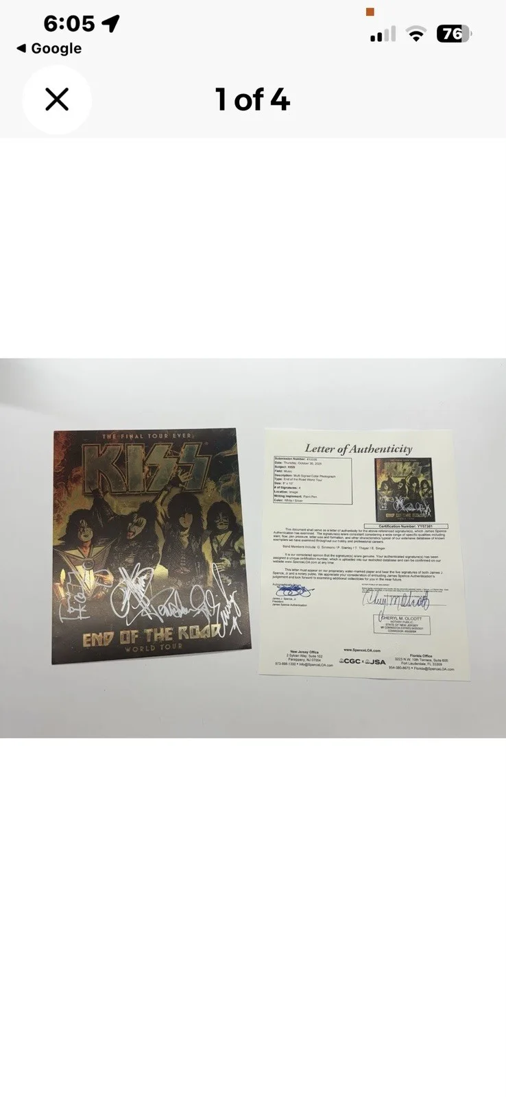 8 X 10 Kiss Lithograph Signed By All Members Of The Road Tour autographed By All, изображение 2