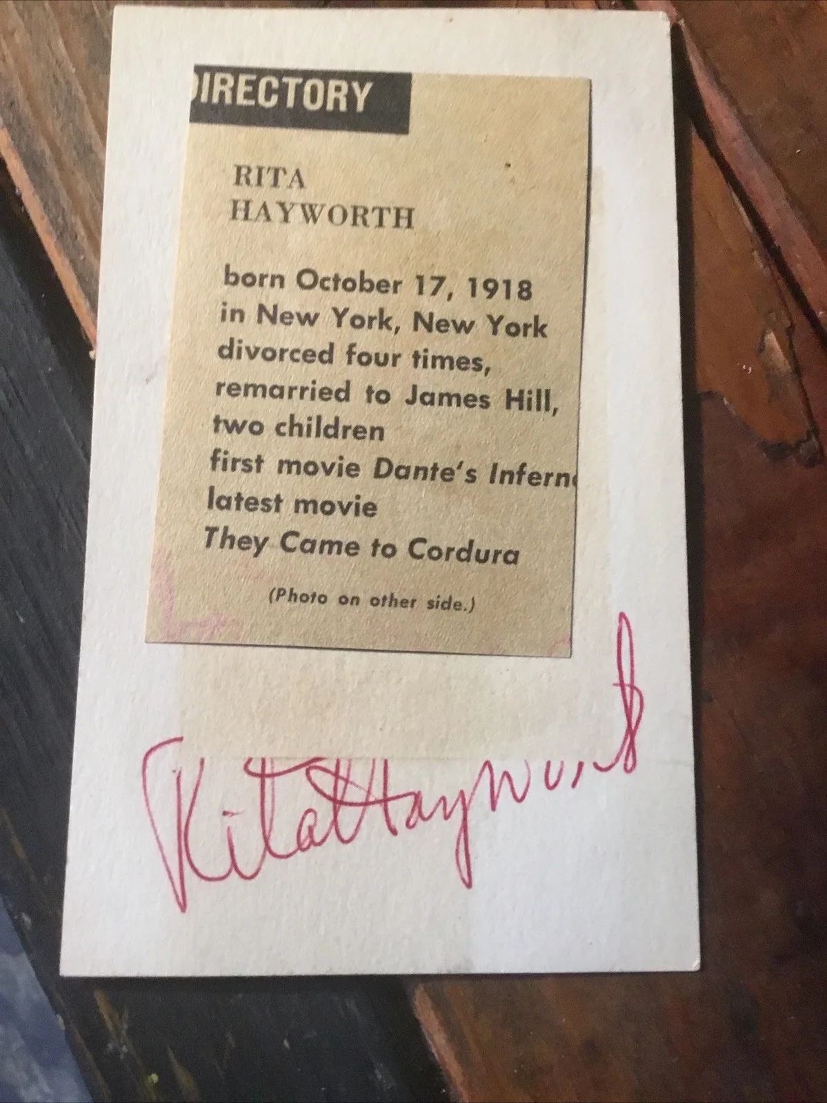 Rita Hayworth — Rita Hayworth Autograph on Clip Out, image 2