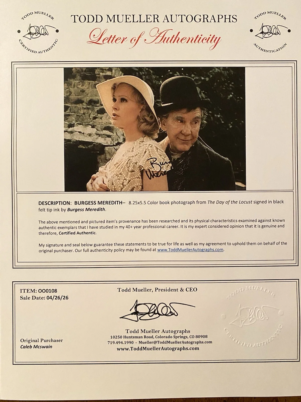 Burgess Meredith — Burgess Meredith Signed Autographed Photo With COA The Day Of The Locust, изображение 4