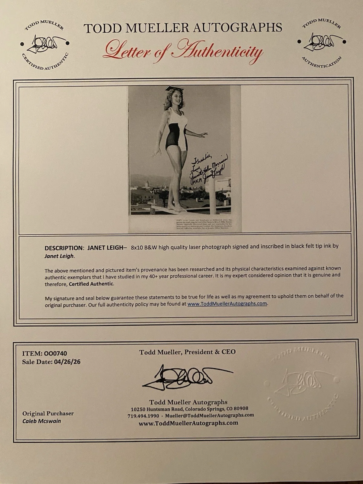 Janet Leigh — Janet Leigh Signed Autographed Photo With COA With Legal Name SUPER RARE, изображение 4