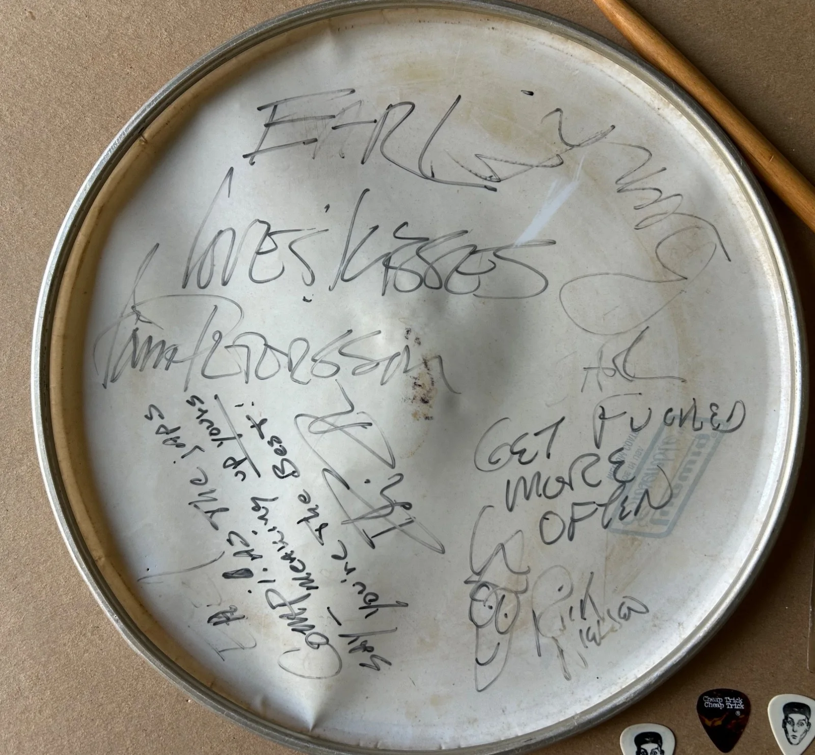 CHEAP TRICK: 2000 Tour Signed Drumhead, Drumstick, Guitar Picks & Crew Laminate, image 2