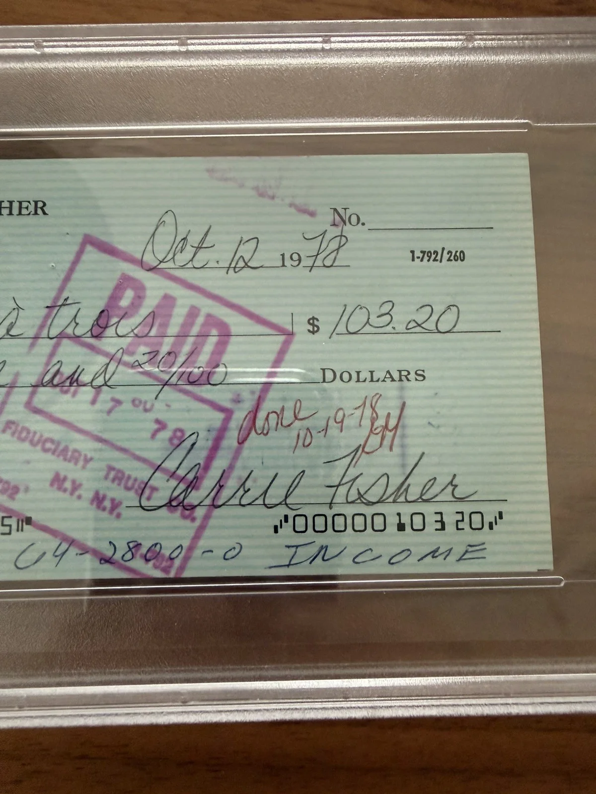 Carrie Fisher — Carrie Fisher (Leia) Signed Autograph Check Encapsulated PSA/DNA STAR WARS, image 3