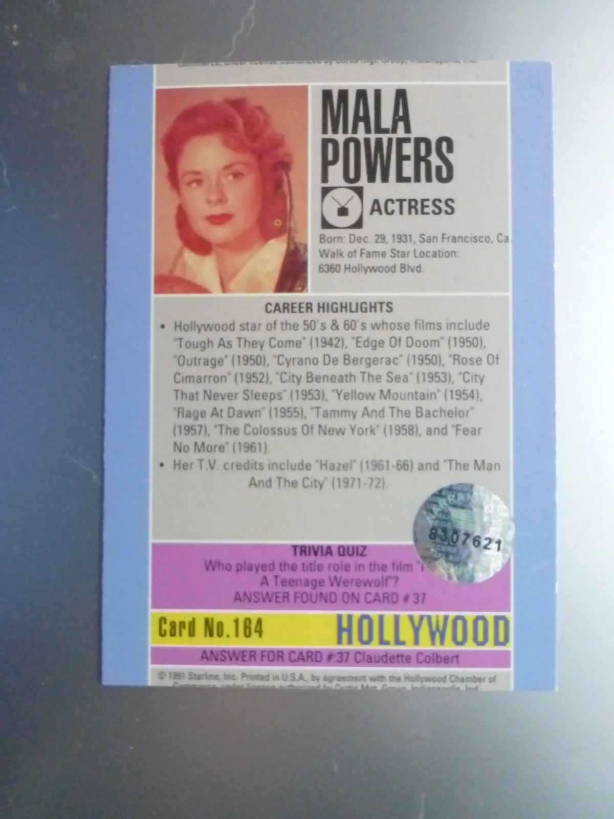 Mala Powers — Mala Powers Signed Hollywood Starline Card No. 184 with COA, image 3