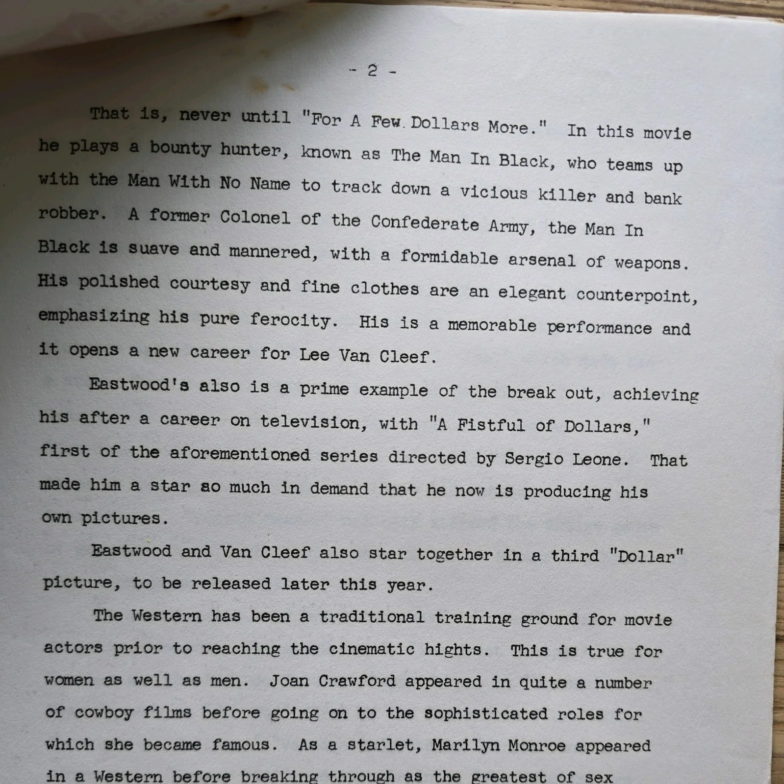 FOR A FEW DOLLARS MORE 1967 press release Lee Van Cleef bio Clint Eastwood, image 2