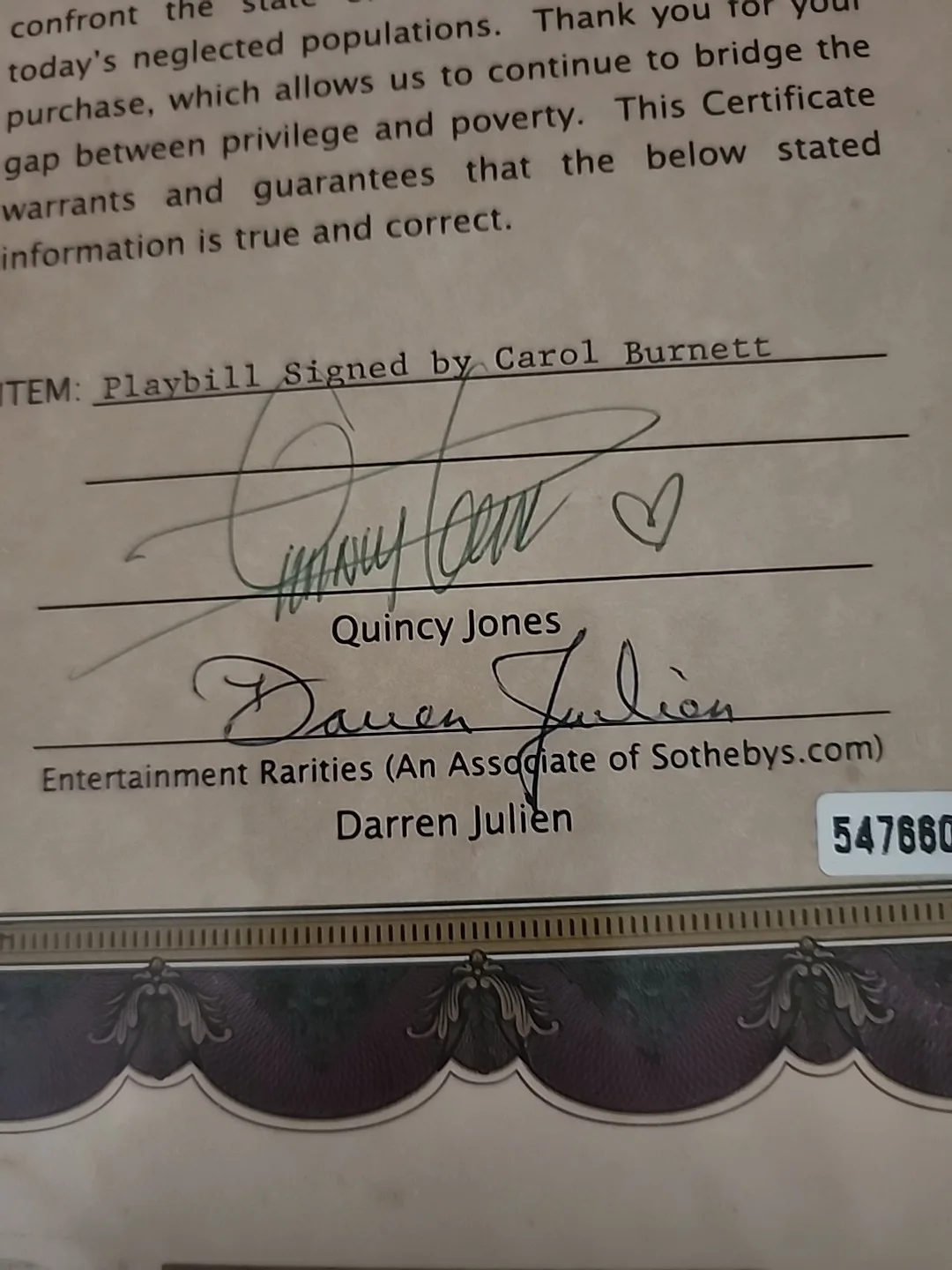 Carol Burnett and Quincy Jones Dual Signed Certificate and Play Bill Autograph, image 2