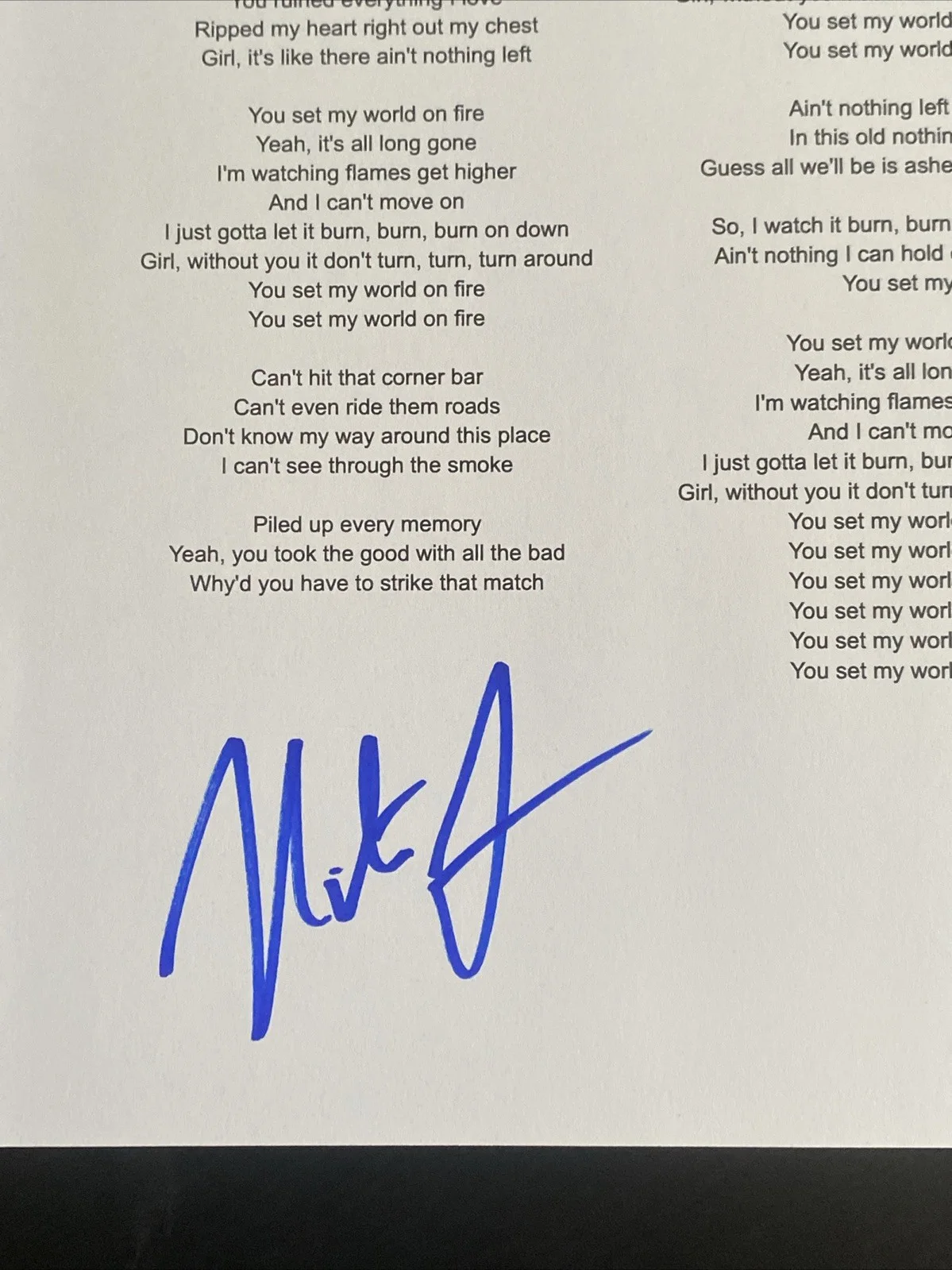 Nate Smith Autographed ‘World On Fire’ Lyric Sheet Country Singer, image 2