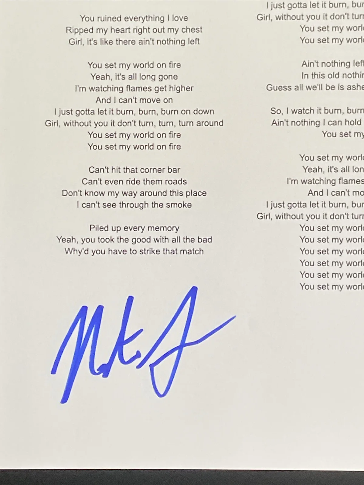 Nate Smith Autographed ‘World On Fire’ Lyric Sheet Country Singer, image 2