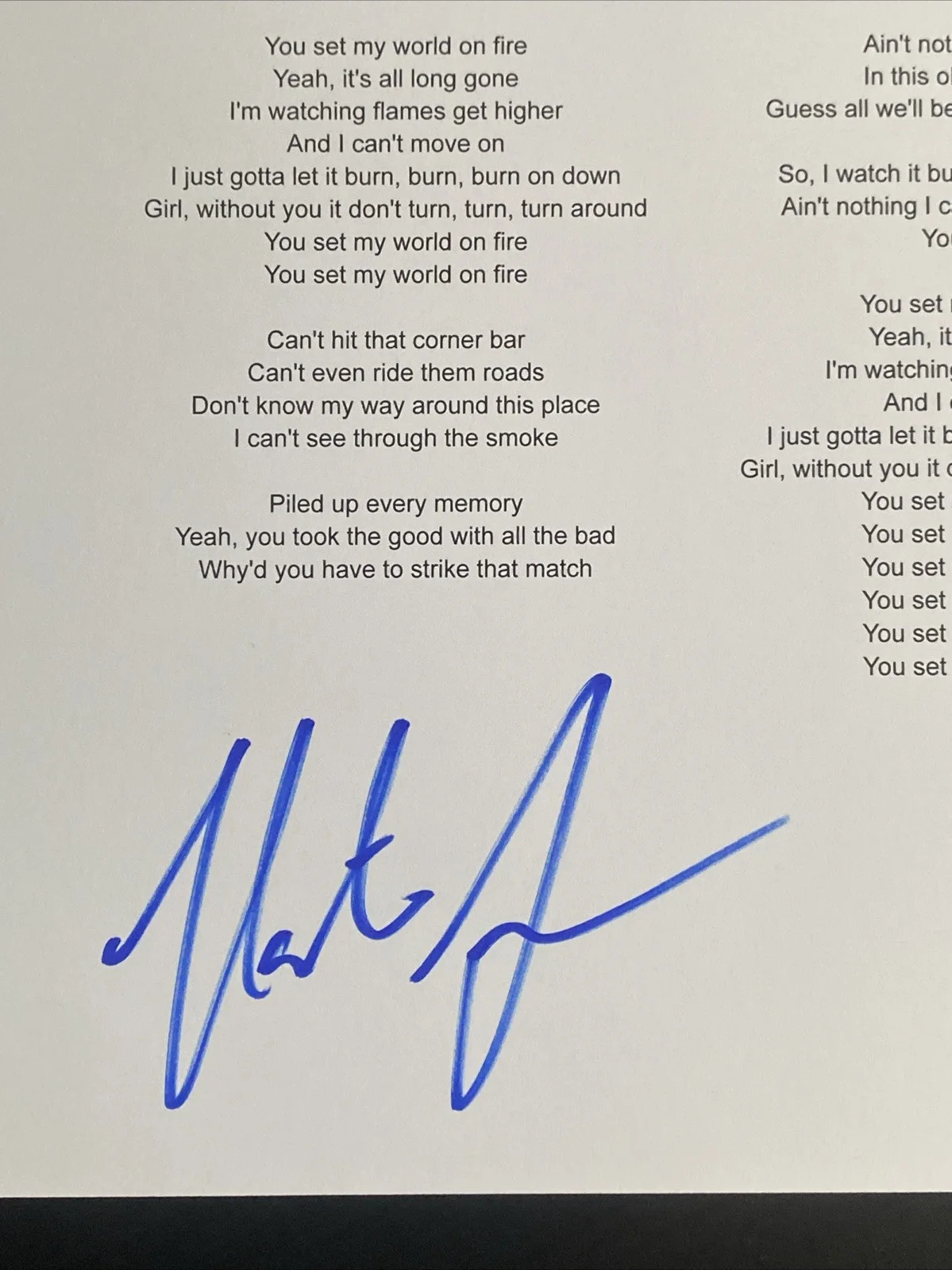 Nate Smith Autographed ‘World On Fire’ Lyric Sheet Country Singer, image 2